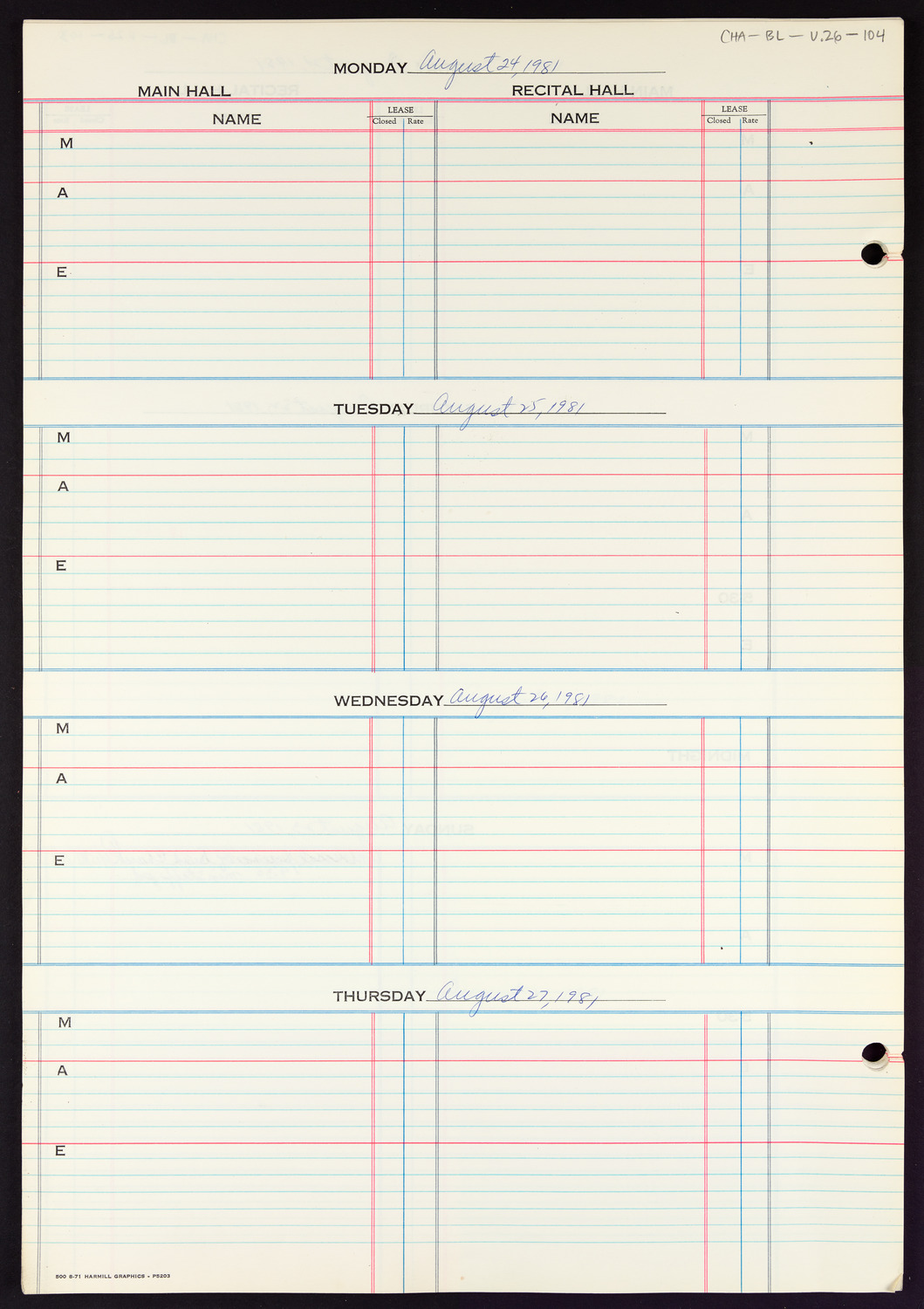 Carnegie Hall Booking Ledger, volume 26, page 104