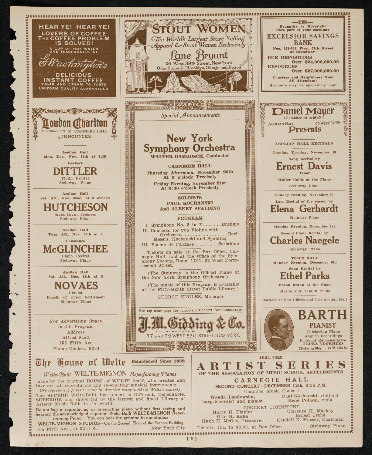 New York Philharmonic, November 16, 1924, program page 9