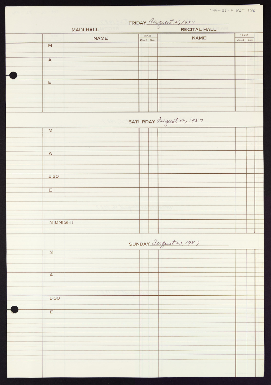 Carnegie Hall Booking Ledger, volume 32, page 105