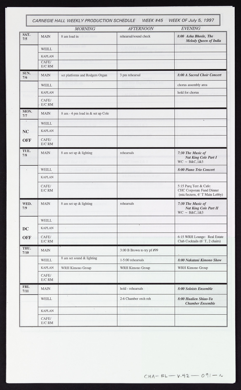 Carnegie Hall Booking Ledger, volume 42, page 91a
