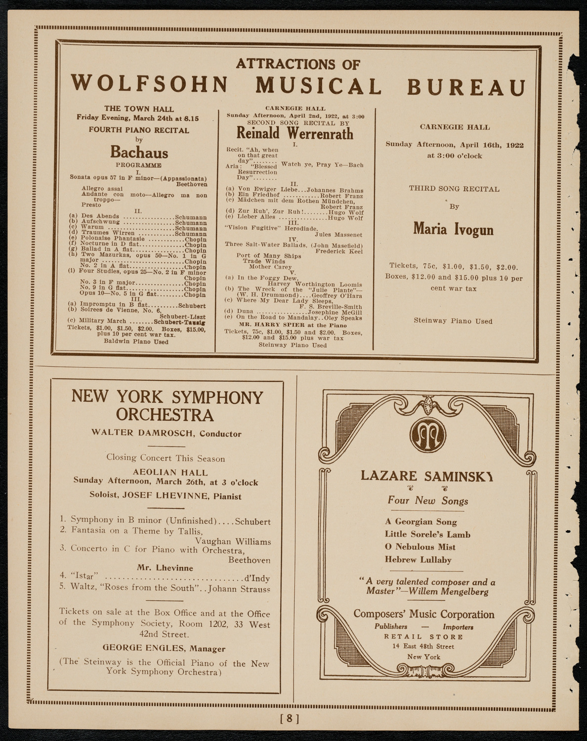 New York Symphony Orchestra, March 23, 1922, program page 8