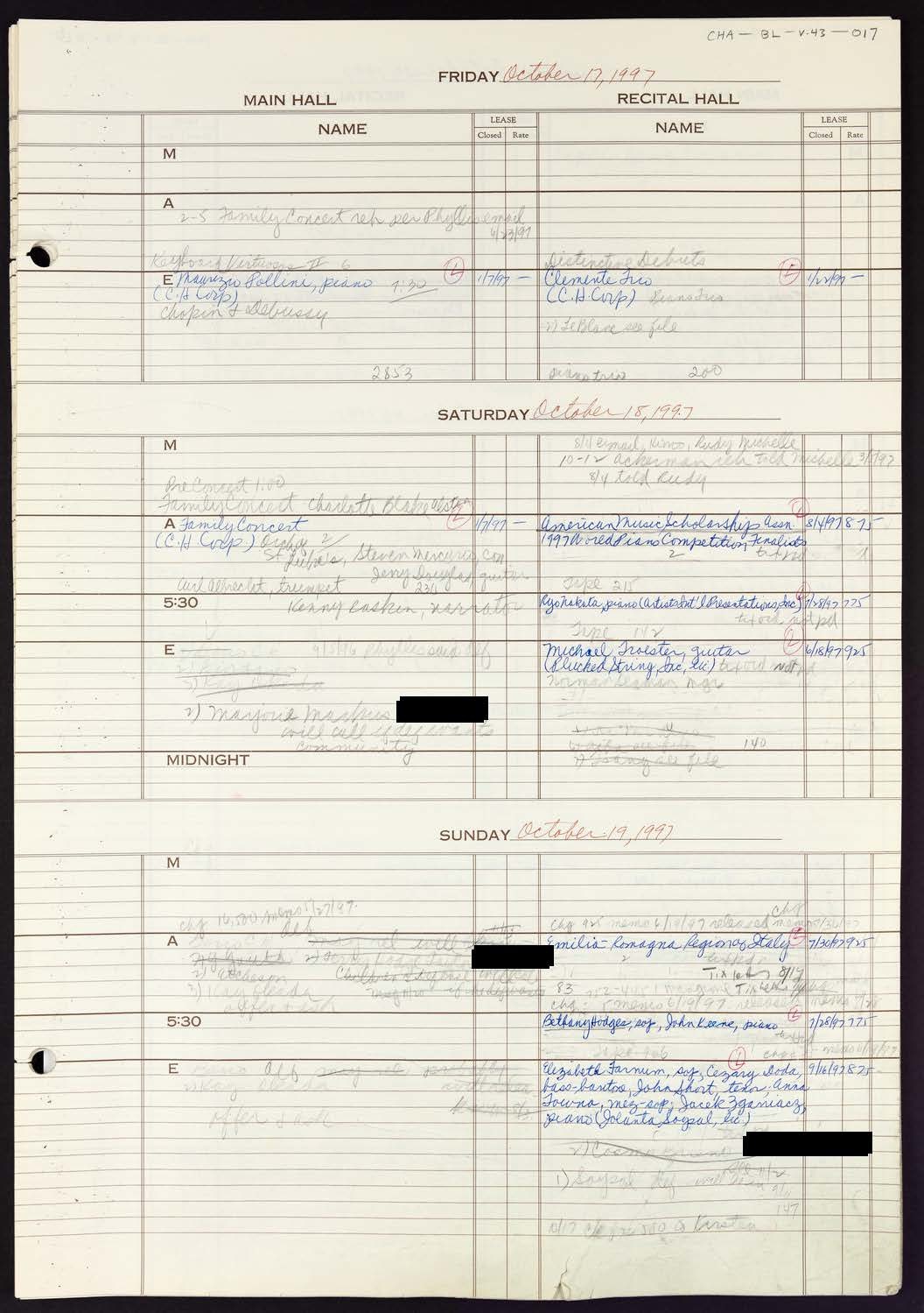 Carnegie Hall Booking Ledger, volume 43, page 17