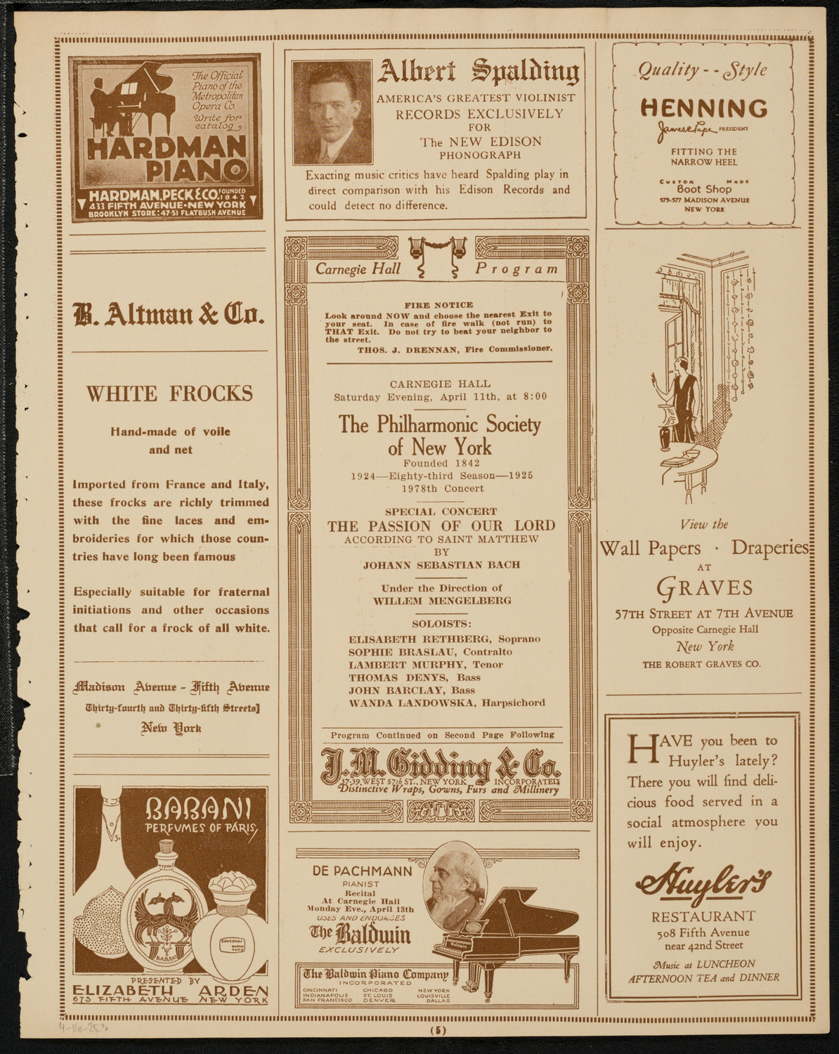 New York Philharmonic, April 11, 1925, program page 5