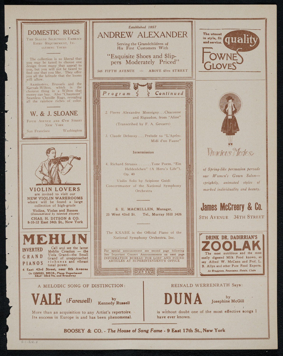 National Symphony Orchestra, February 1, 1921, program page 7