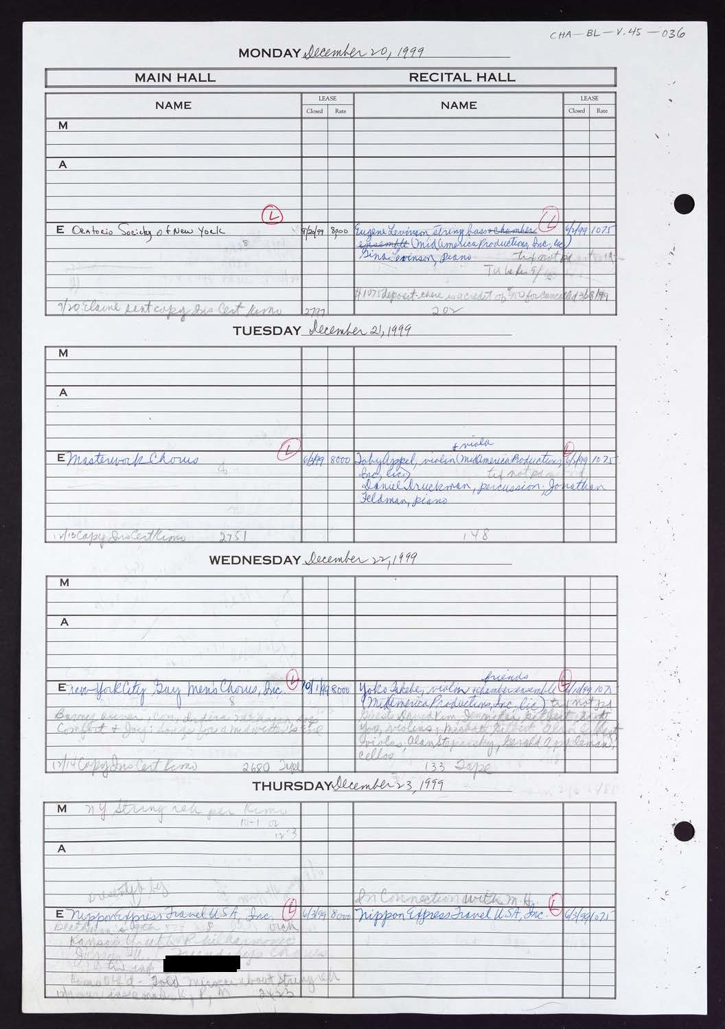 Carnegie Hall Booking Ledger, volume 45, page 36