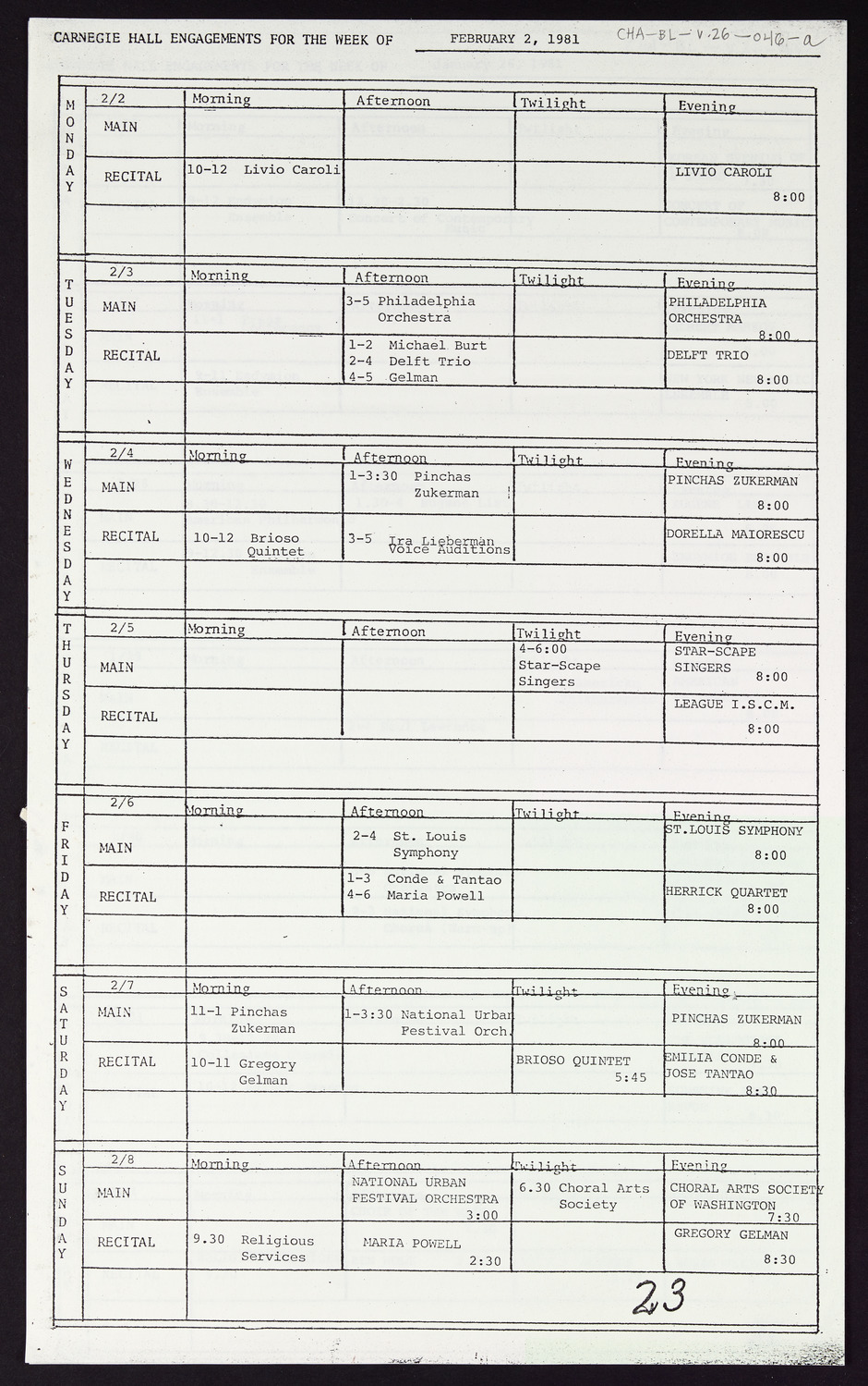 Carnegie Hall Booking Ledger, volume 26, page 46a