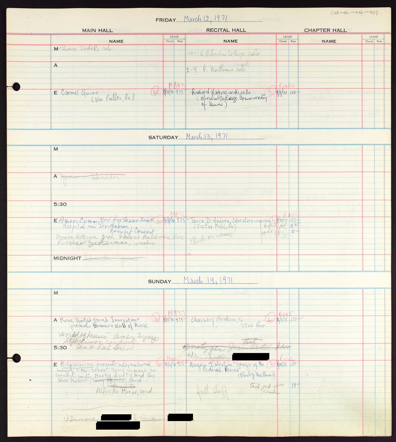 Carnegie Hall Booking Ledger, volume 16, page 57