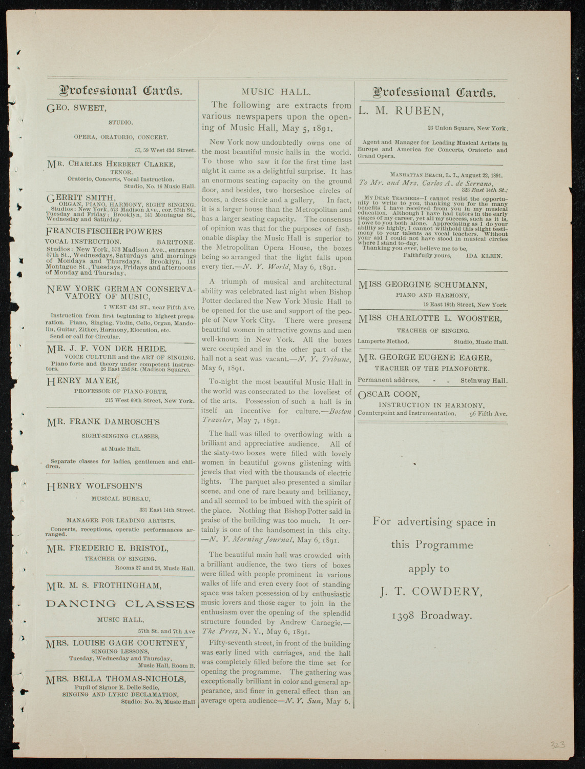 Rubinstein Club Private Concert, December 10, 1891, program page 11