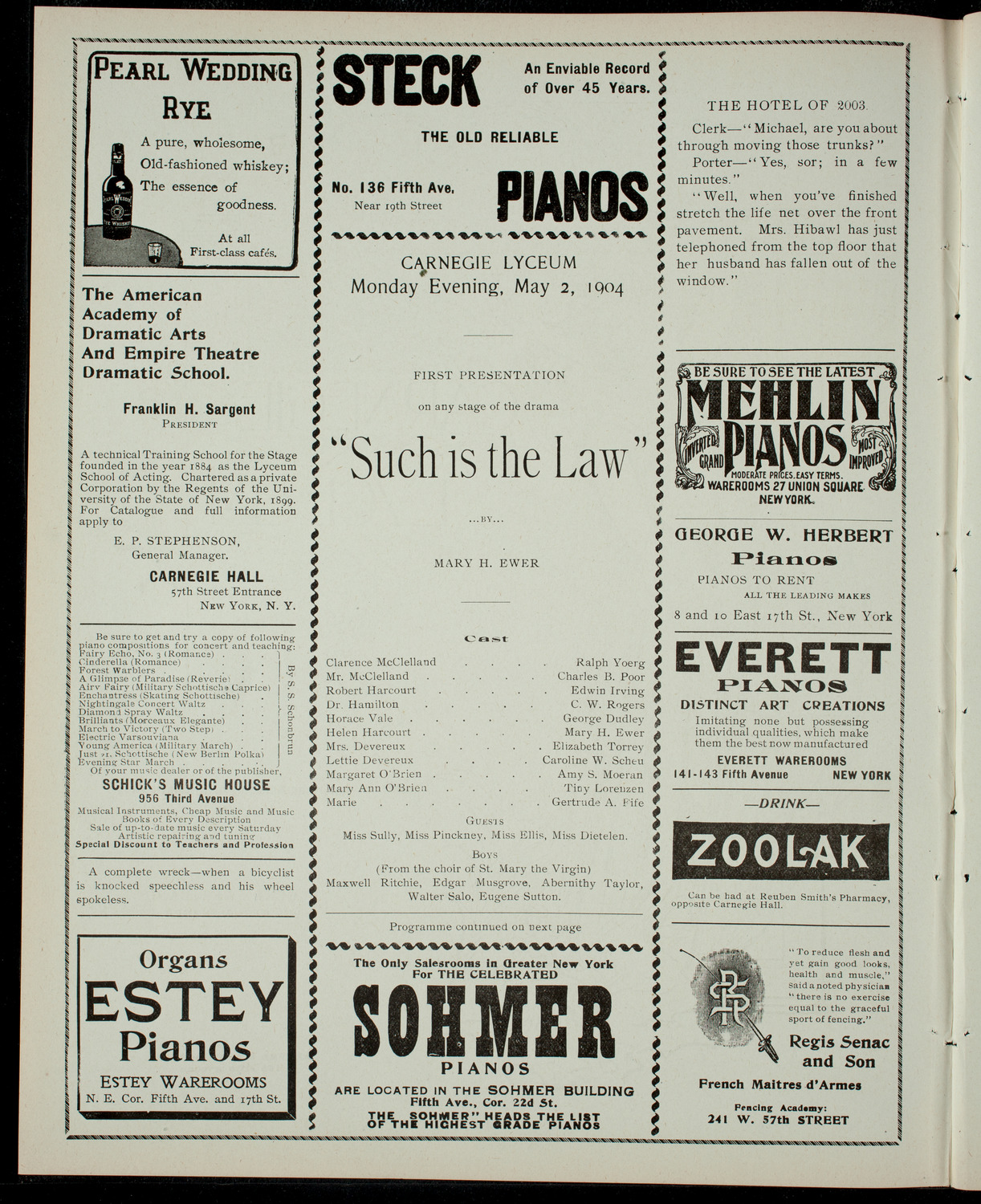 "Such is the Law" by Mary H. Ewer, May 2, 1904, program page 2