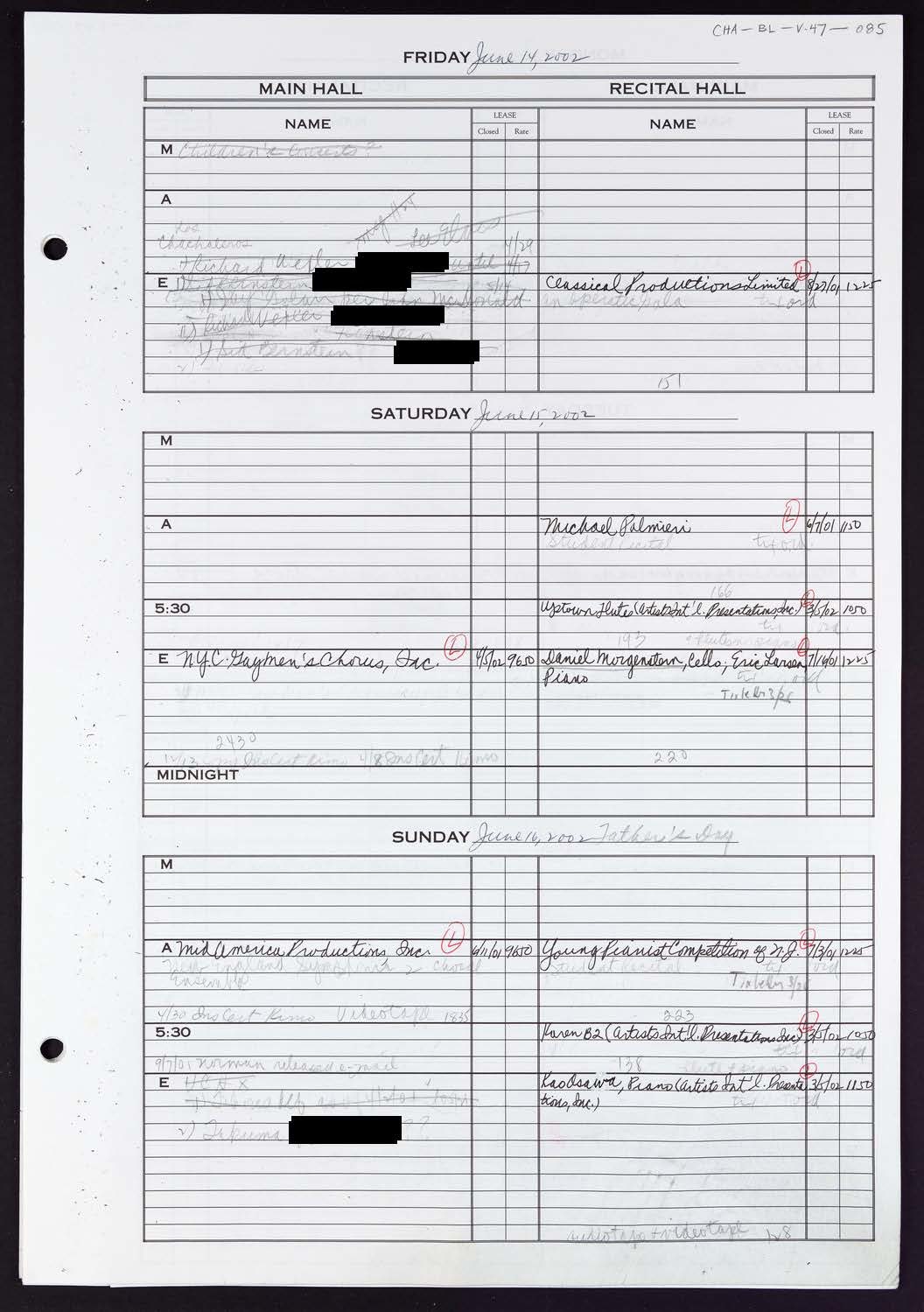 Carnegie Hall Booking Ledger, volume 47, page 85