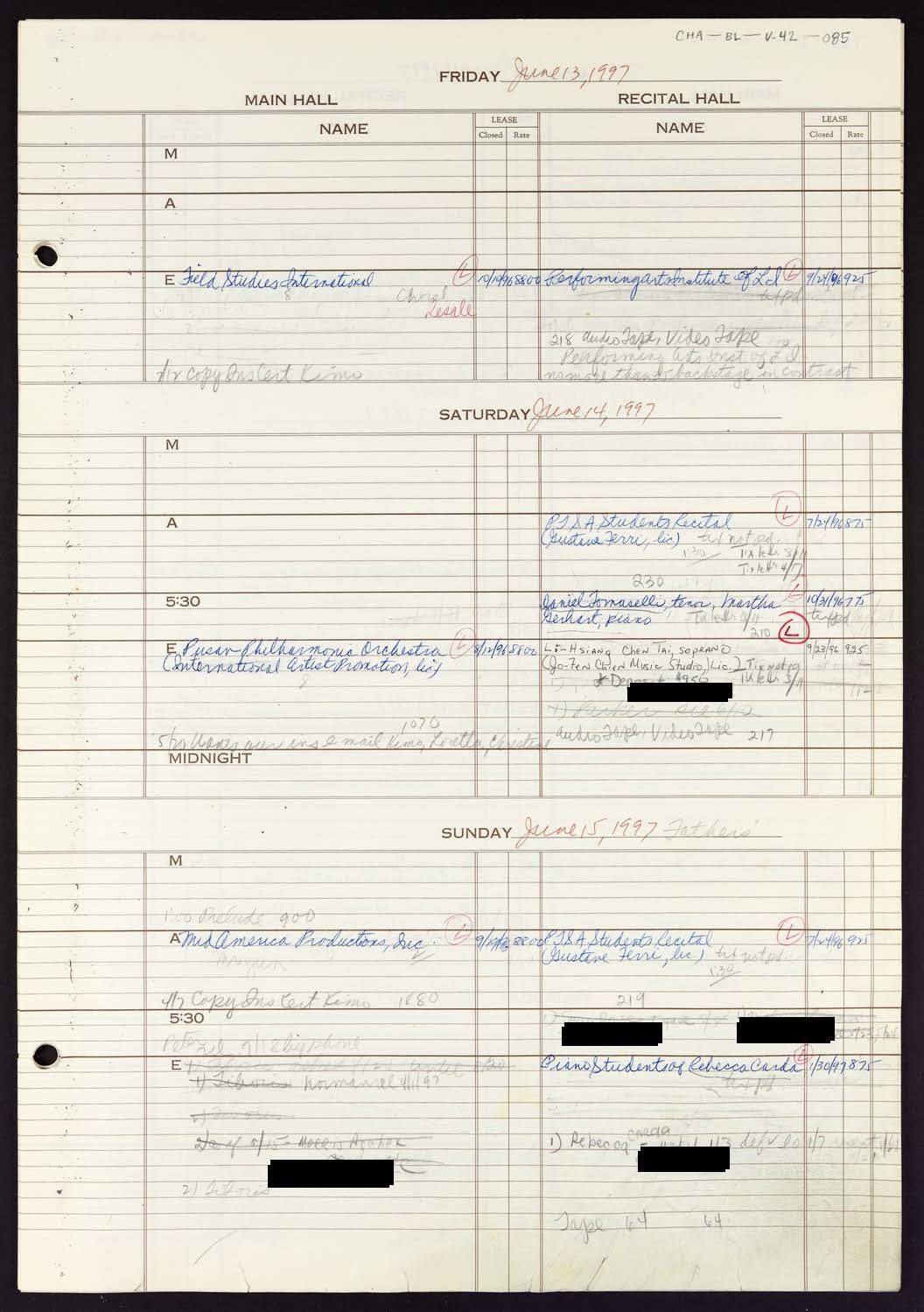 Carnegie Hall Booking Ledger, volume 42, page 85