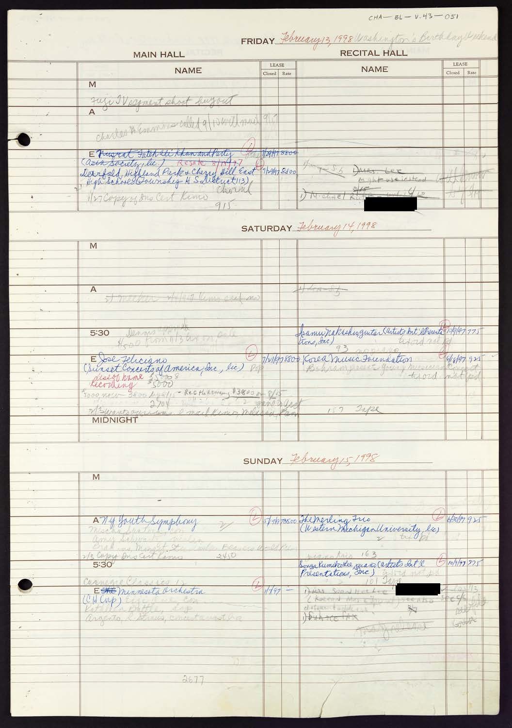 Carnegie Hall Booking Ledger, volume 43, page 51