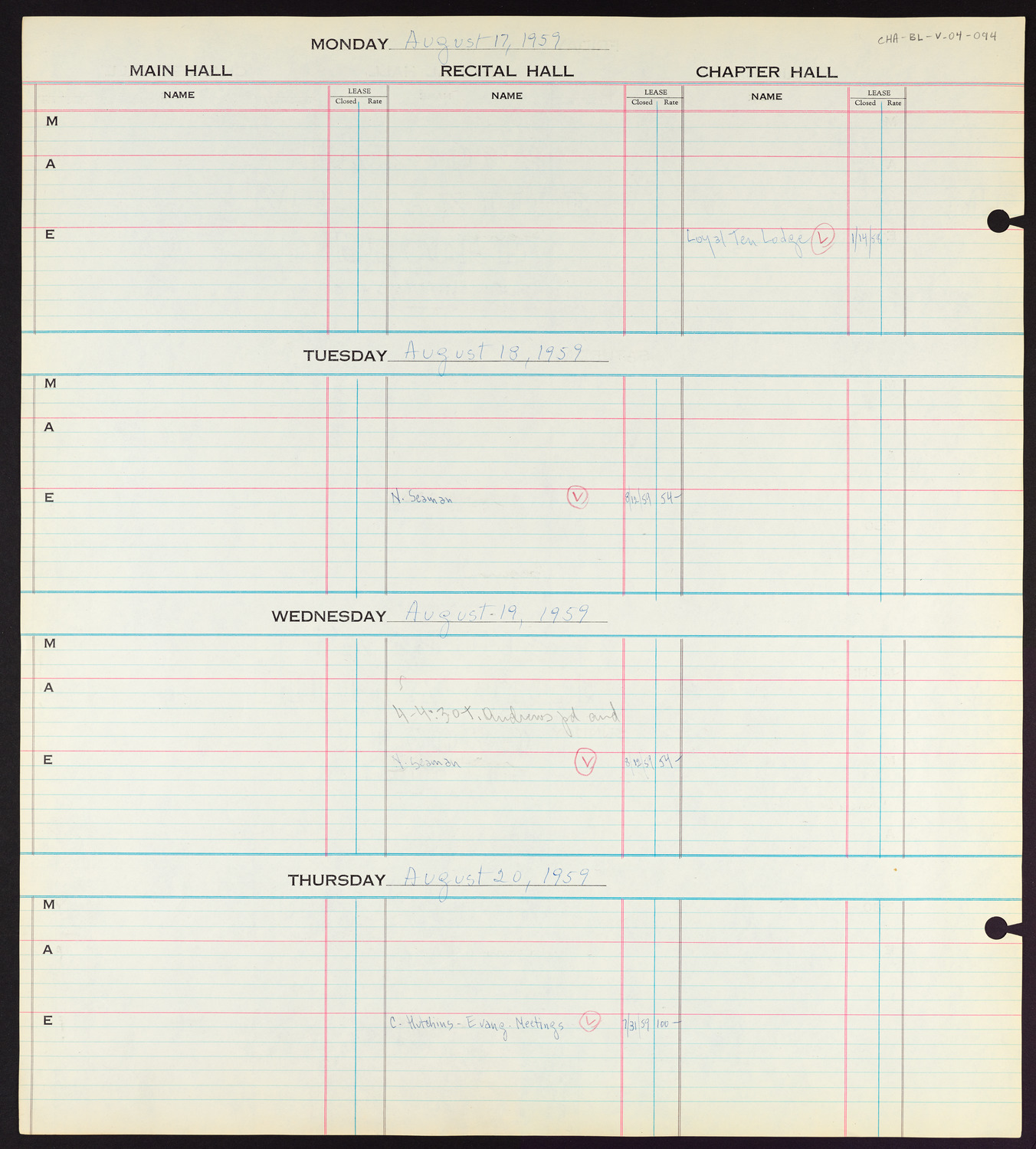 Carnegie Hall Booking Ledger, volume 4, page 94