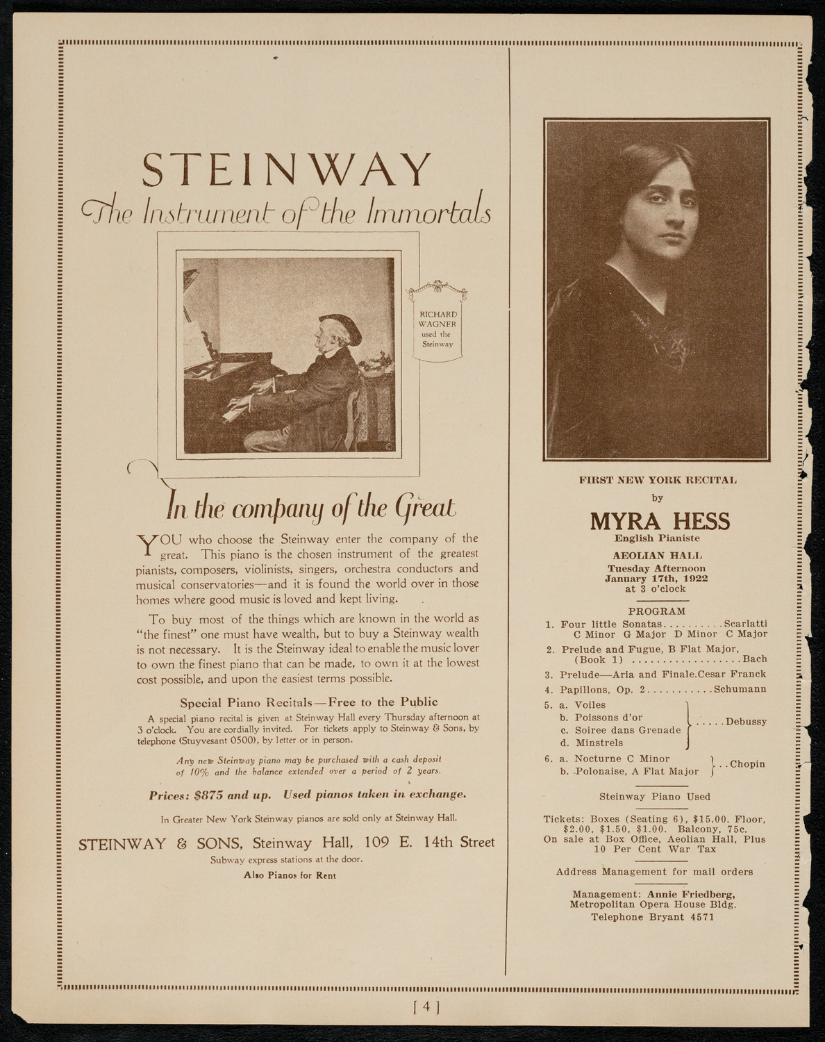 Elly Ney, Piano, and the New York Philharmonic, January 16, 1922, program page 4