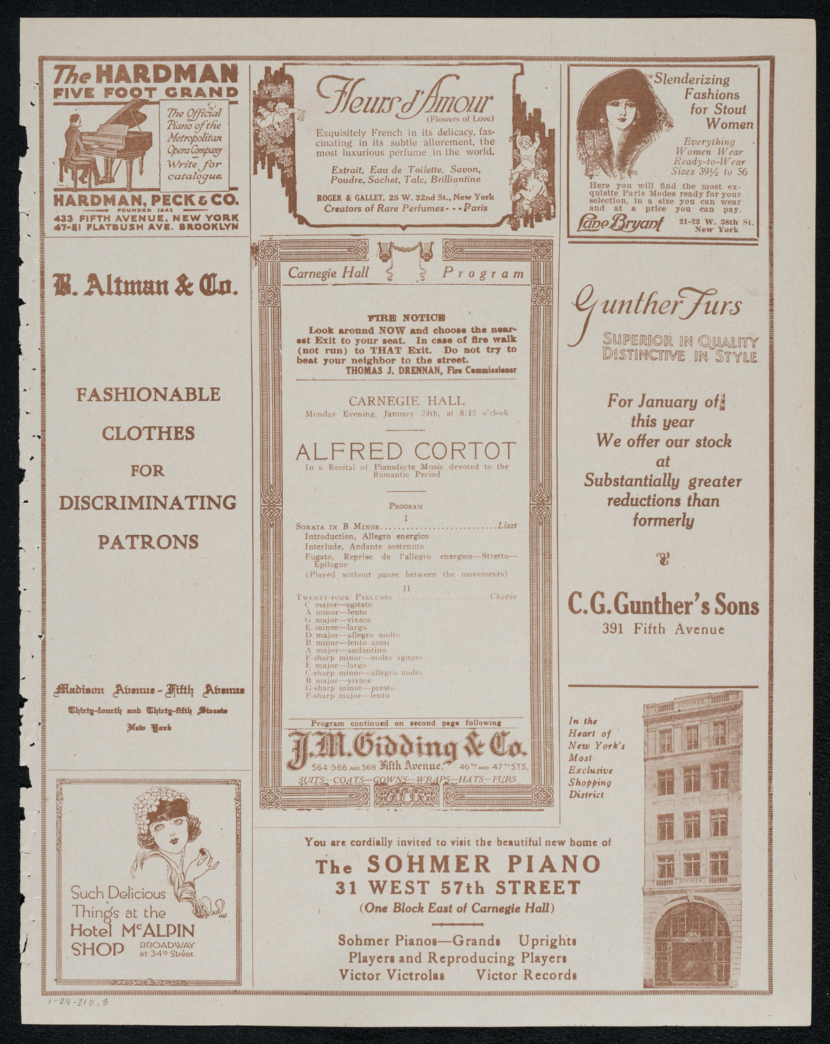Alfred Cortot, Piano, January 24, 1921, program page 5