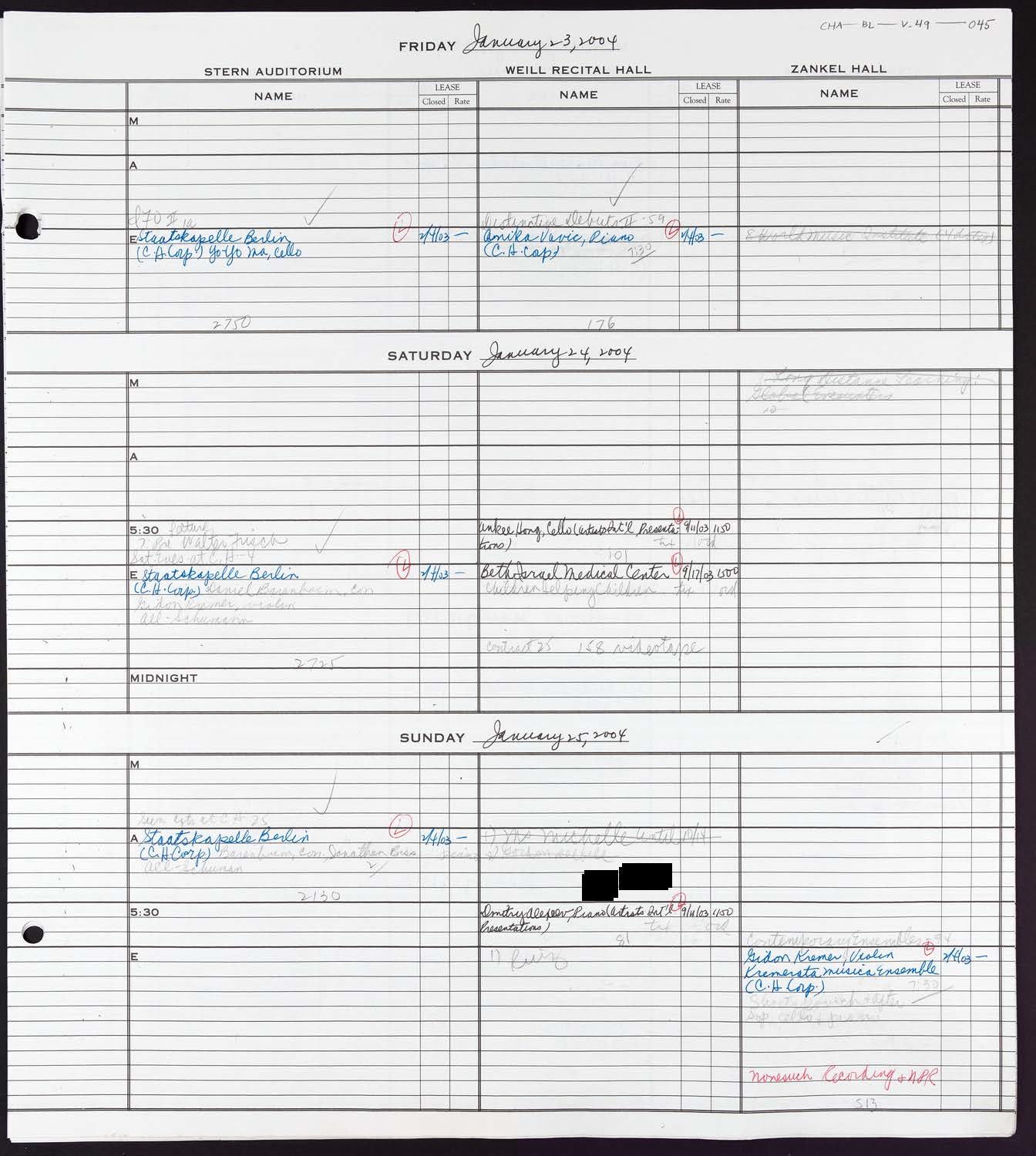 Carnegie Hall Booking Ledger, volume 49, page 45