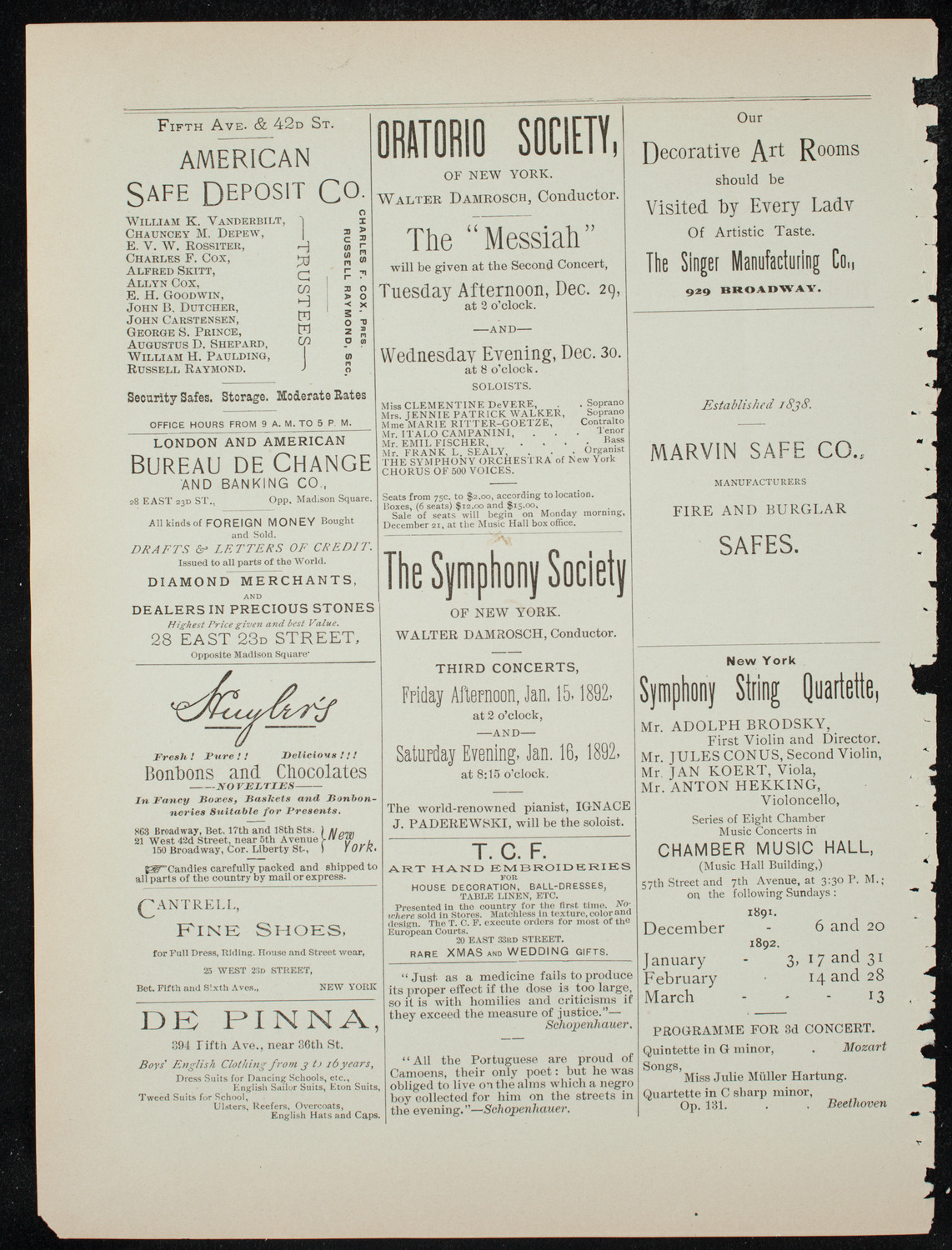 Damrosch Sunday Concert, December 20, 1891, program page 4