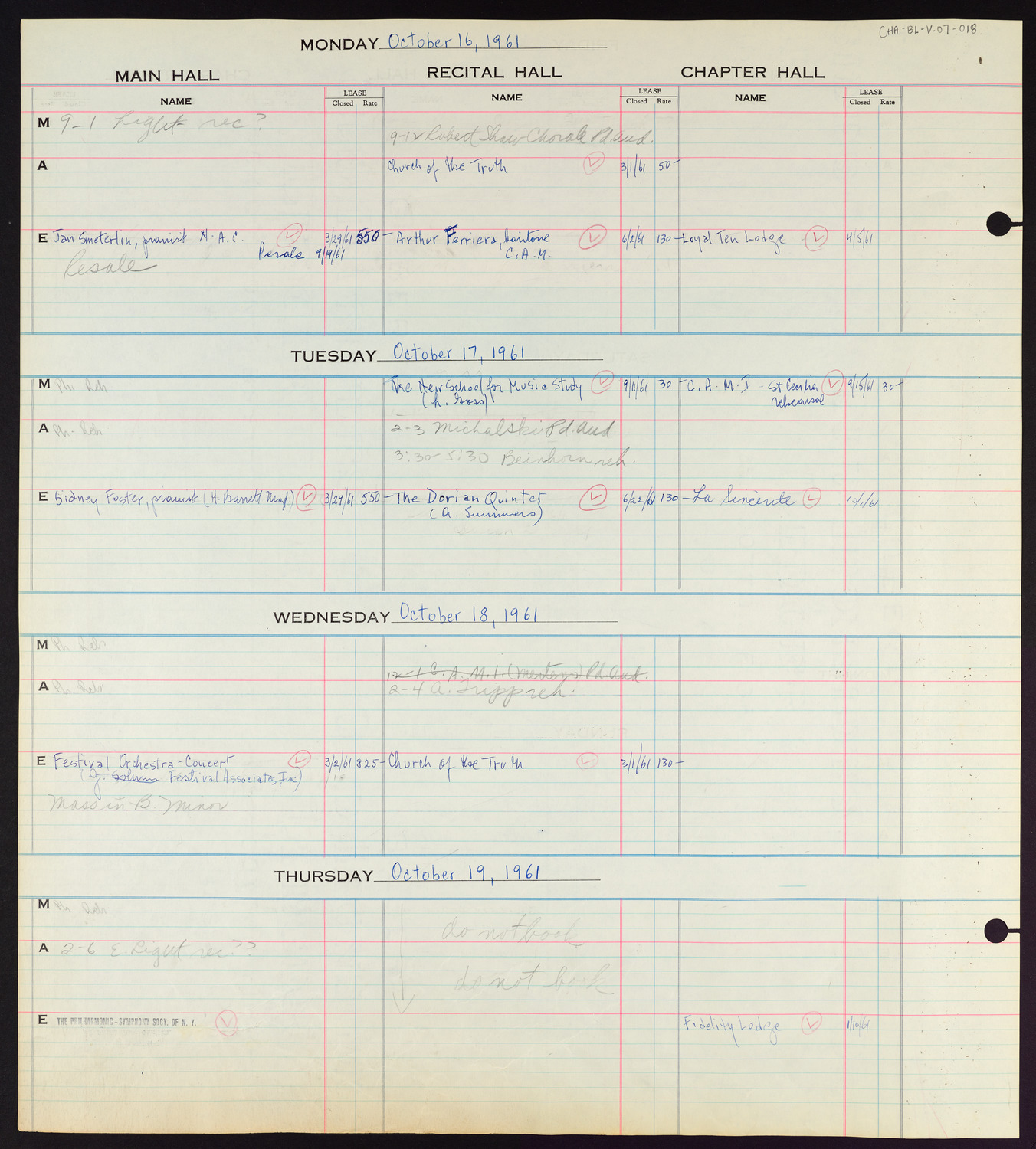 Carnegie Hall Booking Ledger, volume 7, page 18