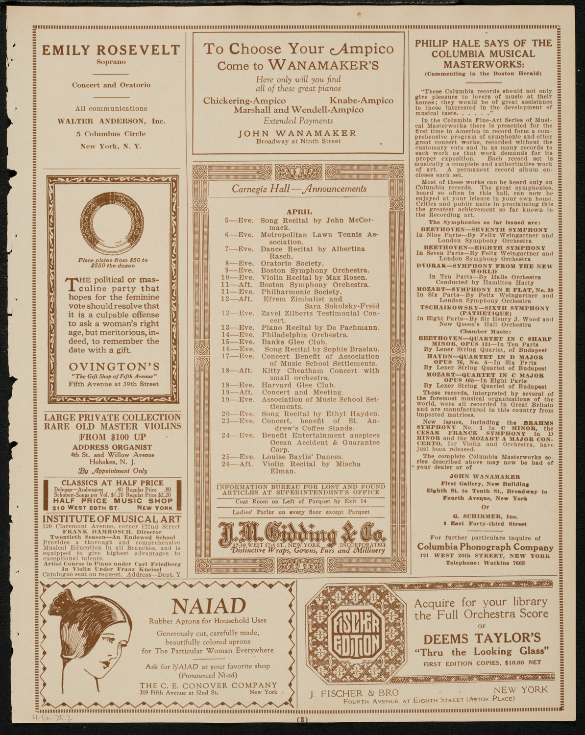 Jascha Heifetz, Violin, April 5, 1925, program page 3