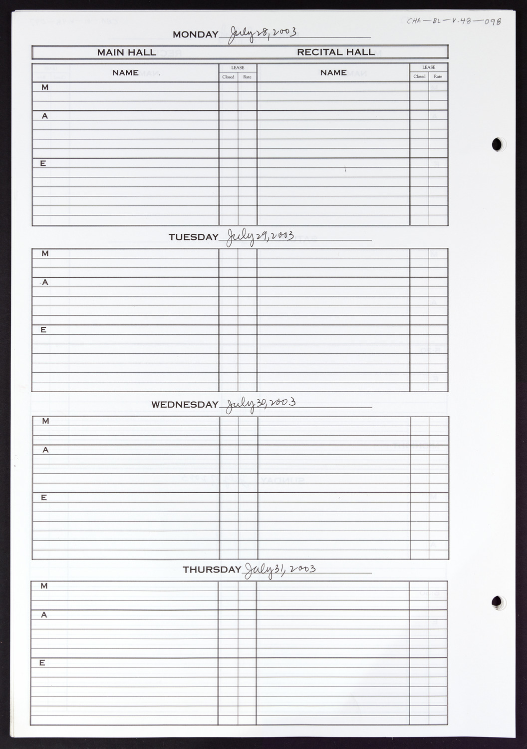 Carnegie Hall Booking Ledger, volume 48, page 98