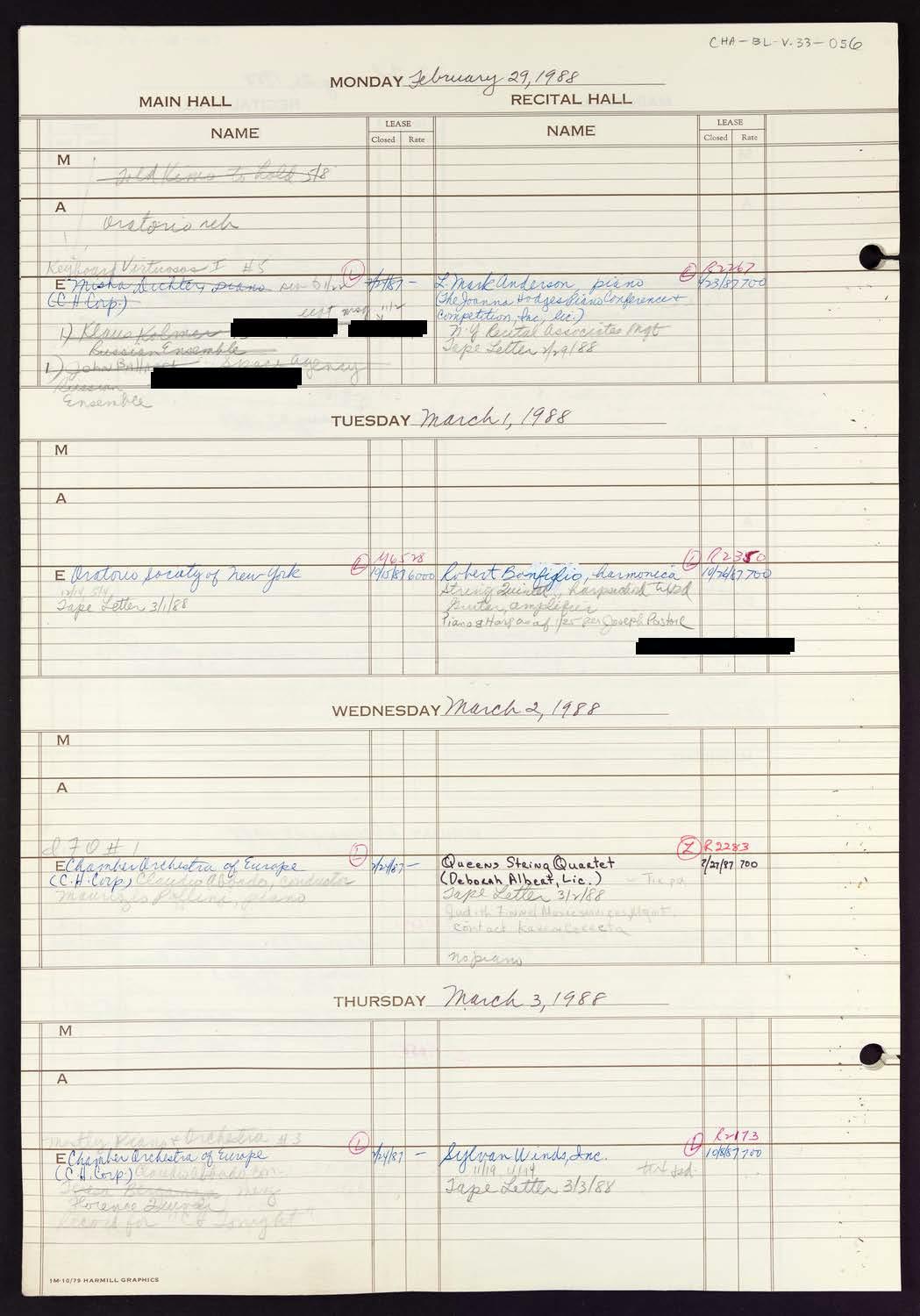 Carnegie Hall Booking Ledger, volume 33, page 56