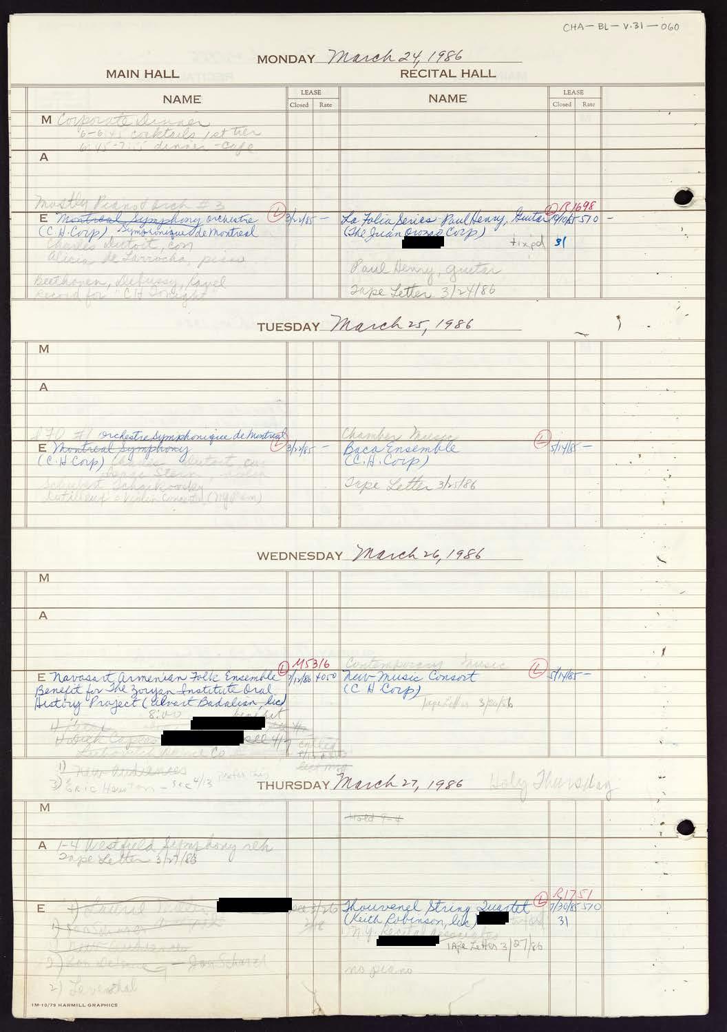 Carnegie Hall Booking Ledger, volume 31, page 60