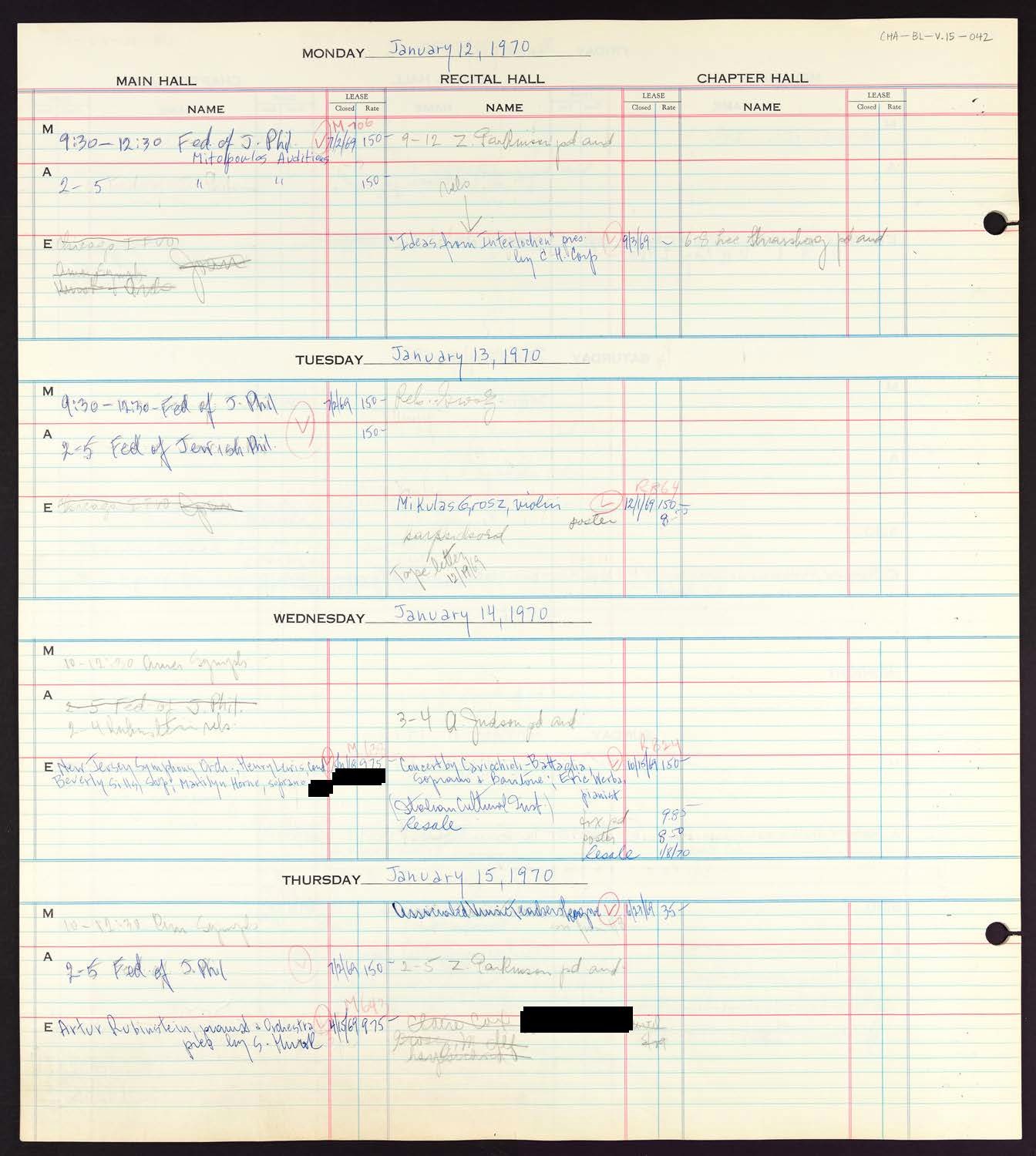 Carnegie Hall Booking Ledger, volume 15, page 42