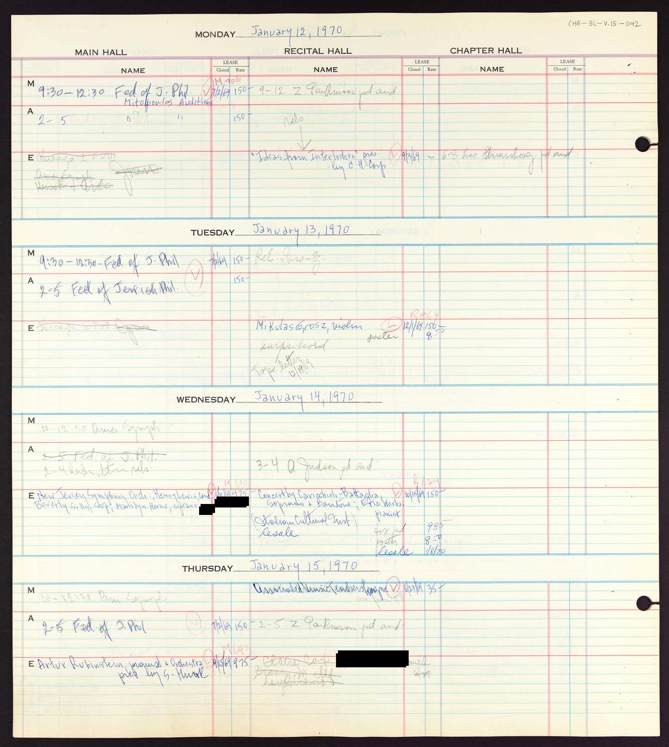 Carnegie Hall Booking Ledger, volume 15, page 42