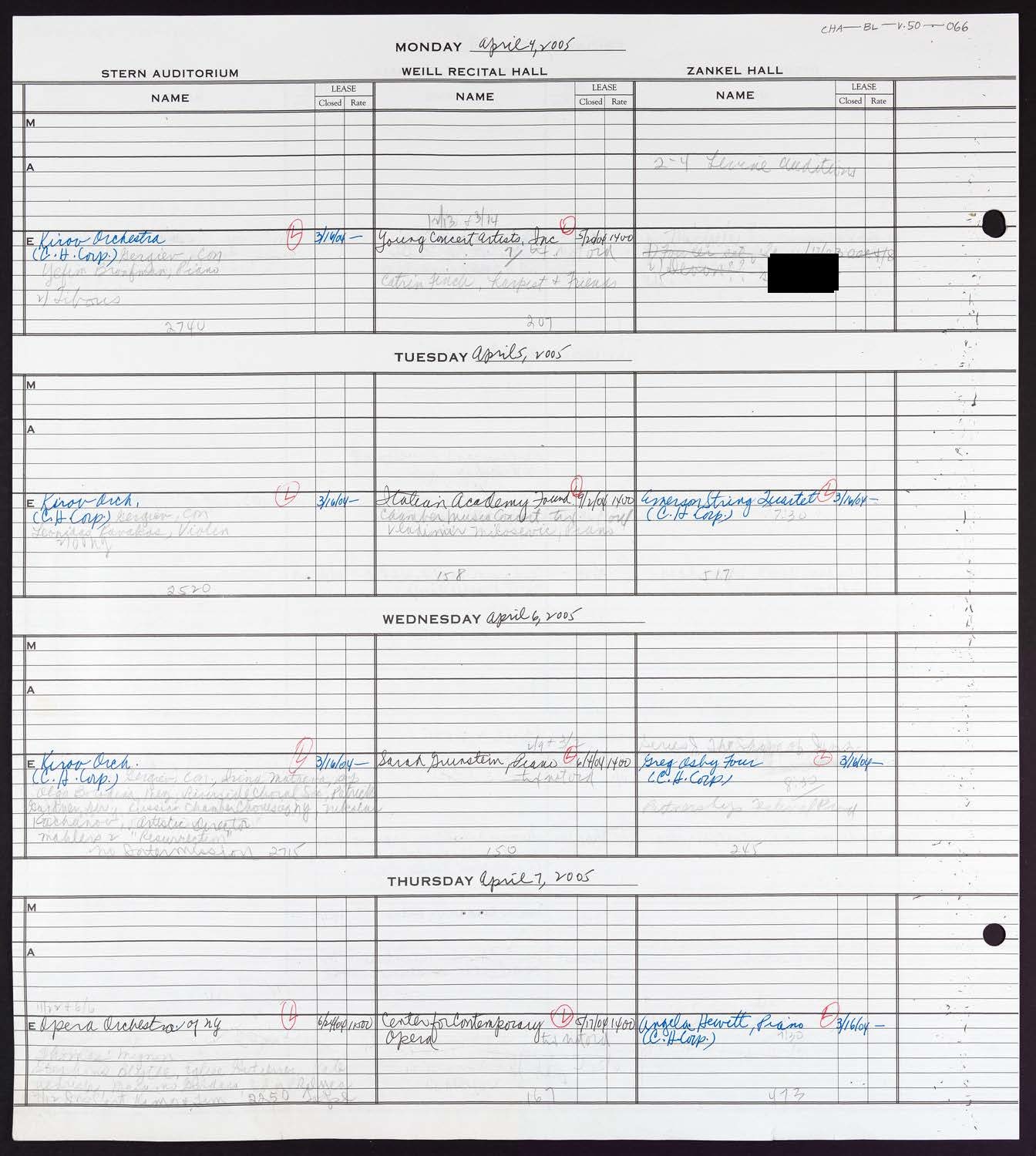 Carnegie Hall Booking Ledger, volume 50, page 66