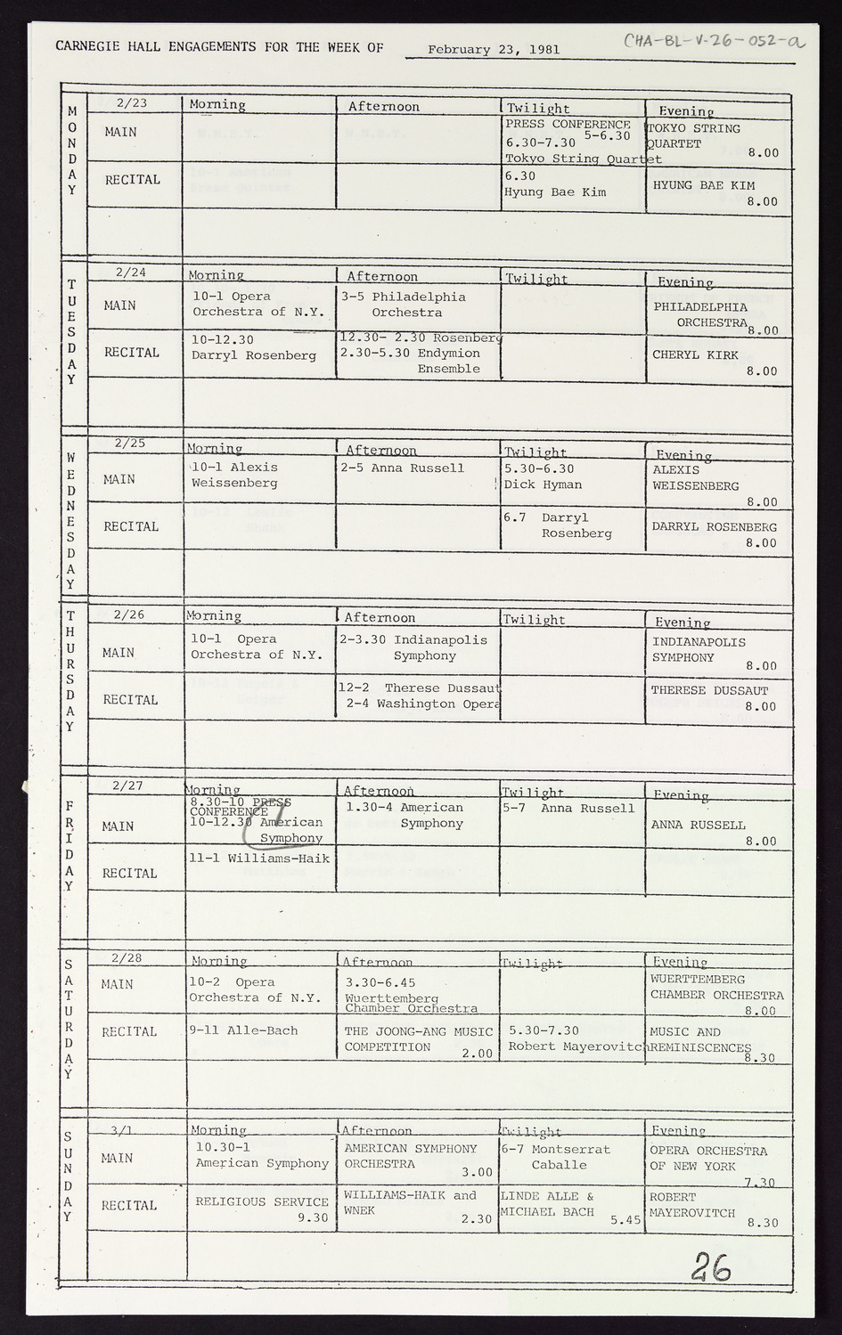 Carnegie Hall Booking Ledger, volume 26, page 52a