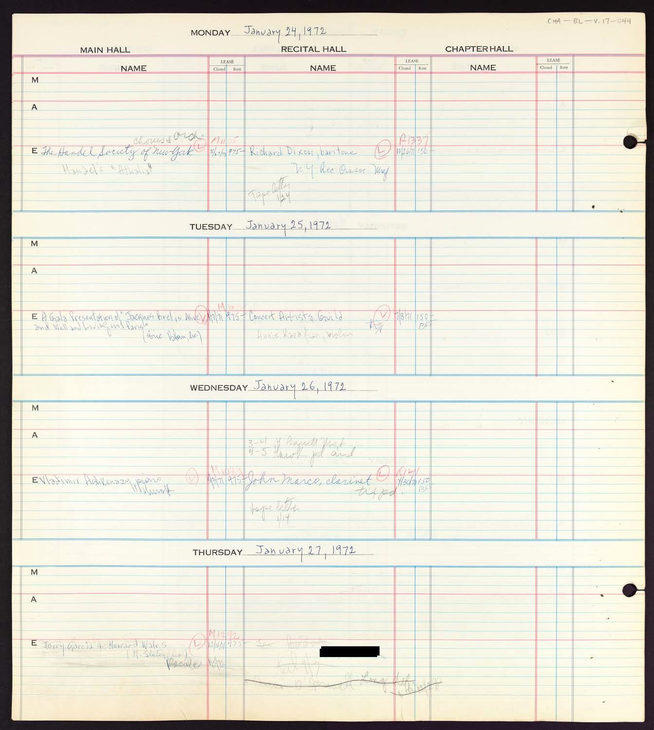 Carnegie Hall Booking Ledger, volume 17, page 44