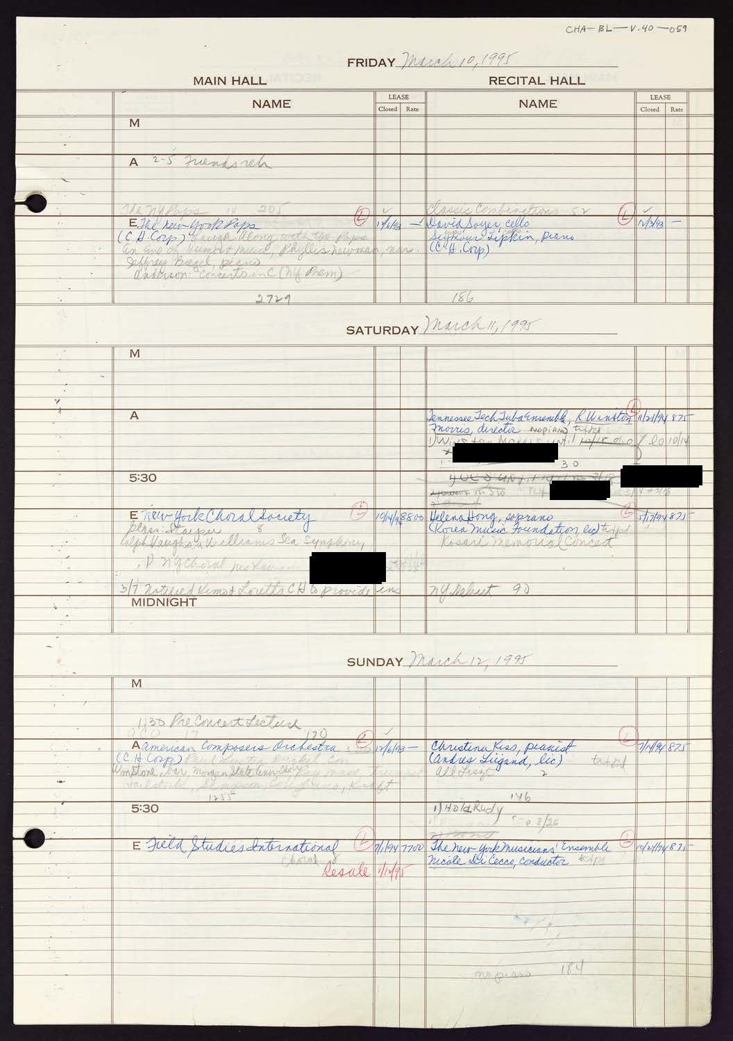 Carnegie Hall Booking Ledger, volume 40, page 59