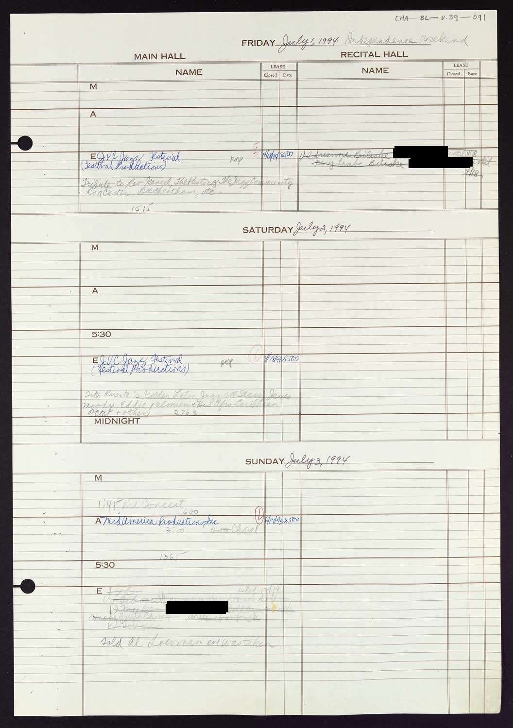 Carnegie Hall Booking Ledger, volume 39, page 91