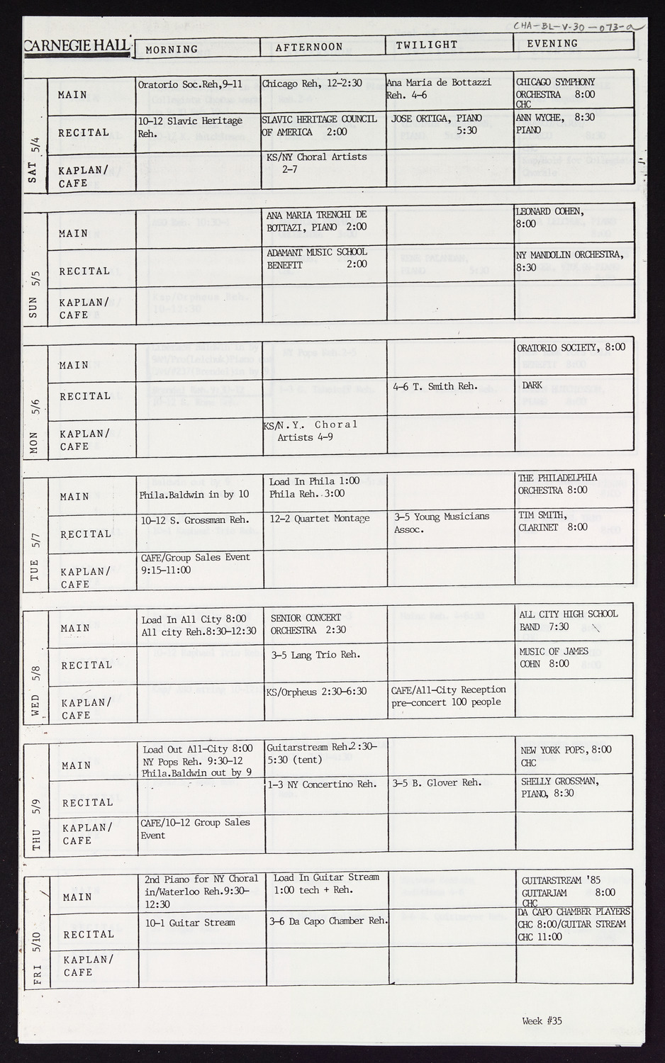 Carnegie Hall Booking Ledger, volume 30, page 73a