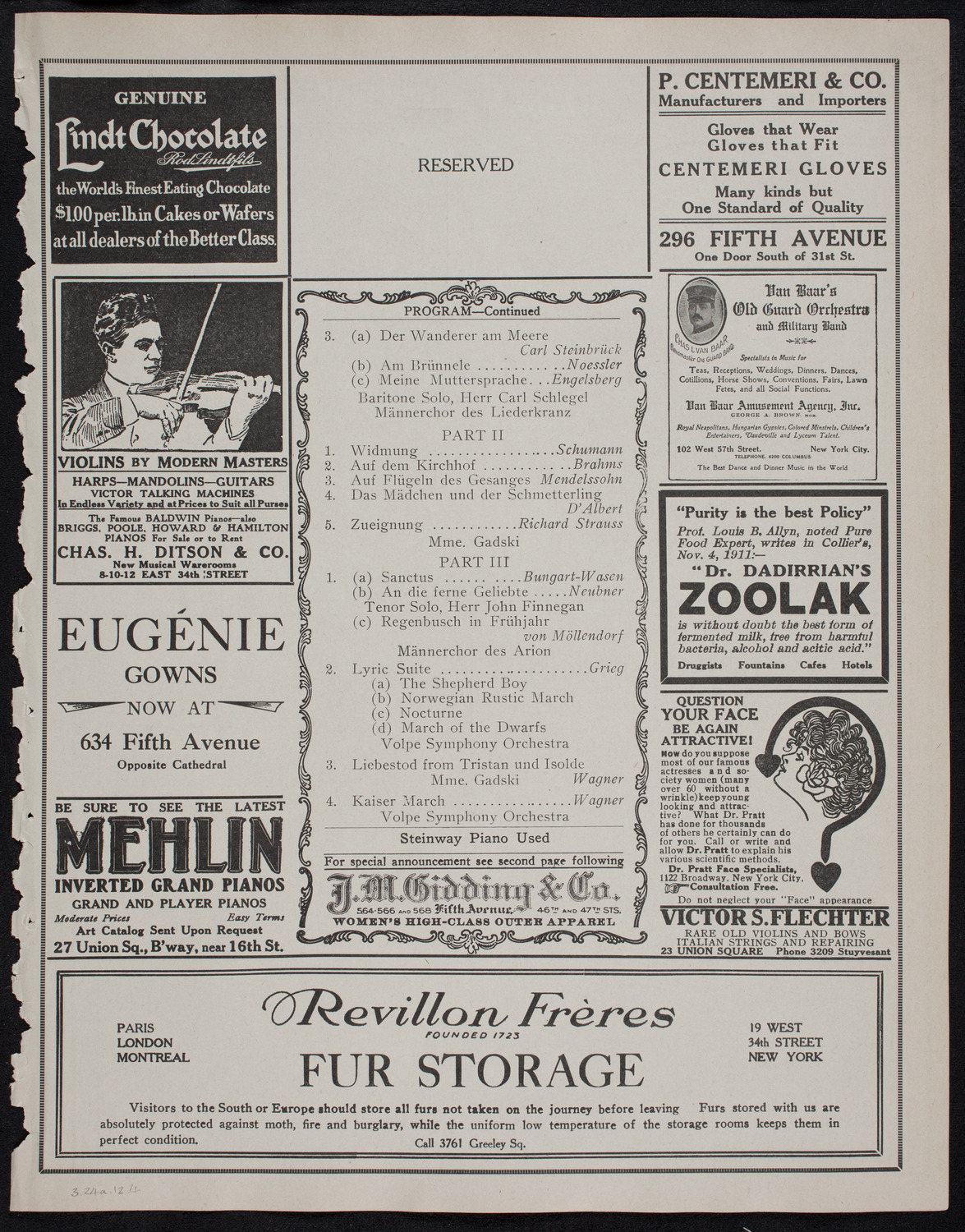 Johanna Gadski, Soprano, with the Arion Society, Liederkranz, and Volpe Symphony Society, March 24, 1912, program page 7