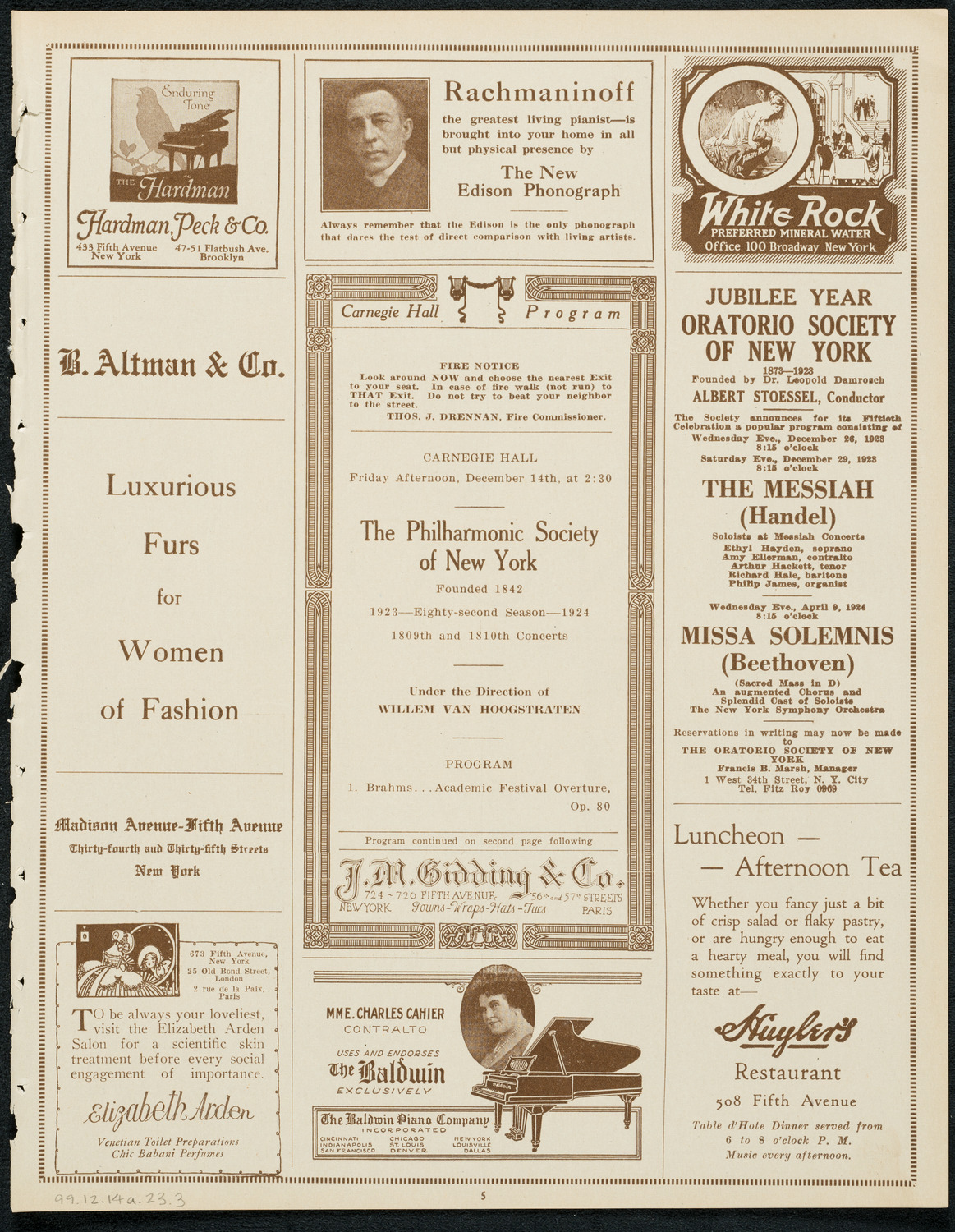 New York Philharmonic, December 14, 1923, program page 5