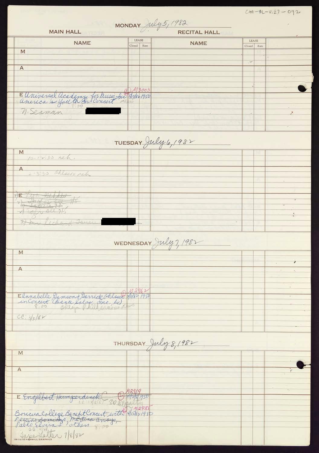 Carnegie Hall Booking Ledger, volume 27, page 92