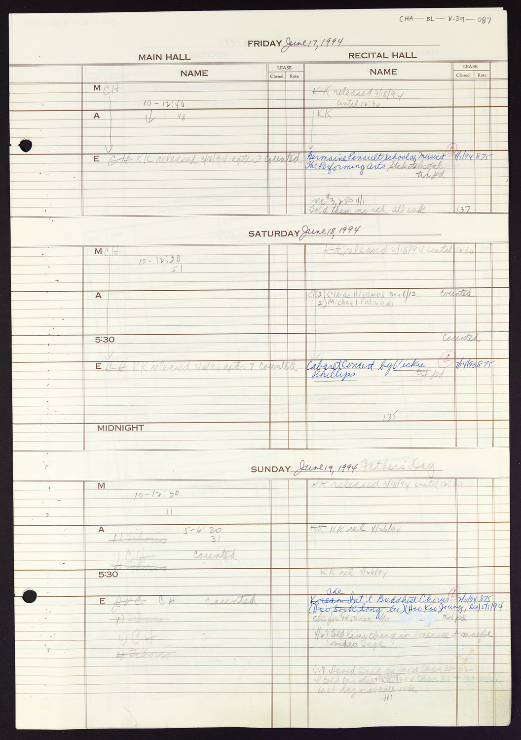 Carnegie Hall Booking Ledger, volume 39, page 87