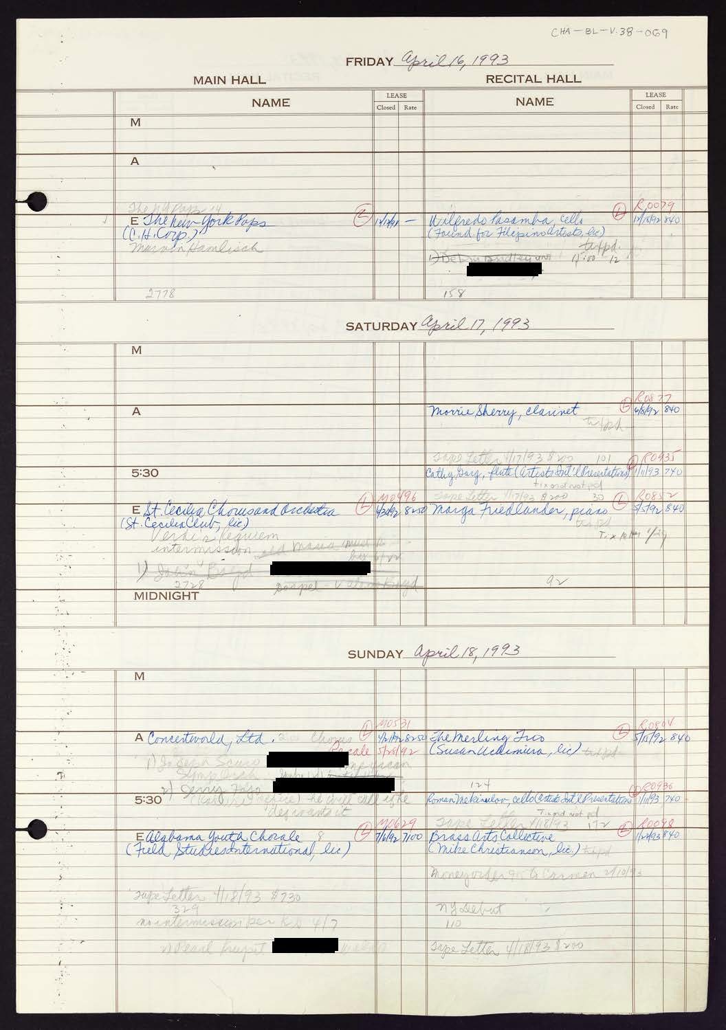 Carnegie Hall Booking Ledger, volume 38, page 69