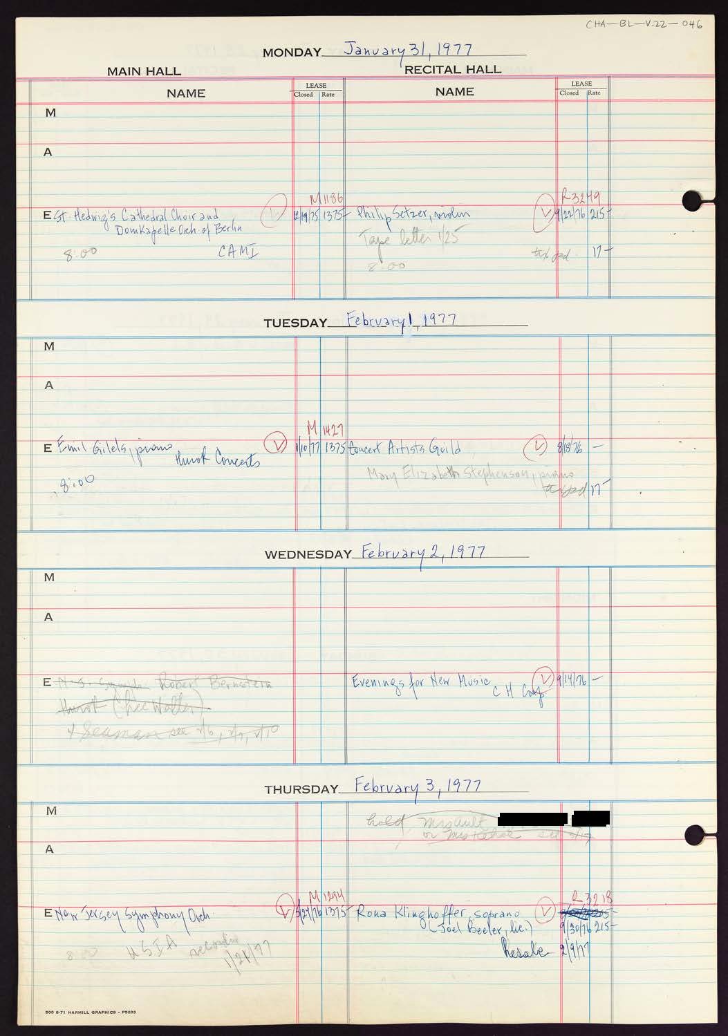 Carnegie Hall Booking Ledger, volume 22, page 46