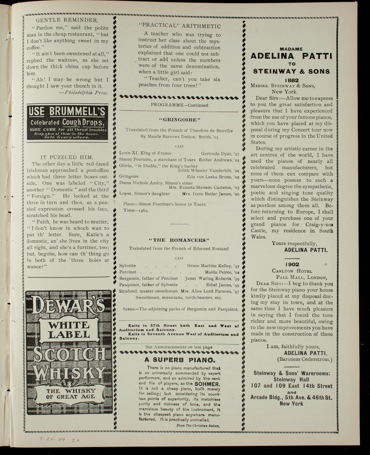 Smith College Theatre Club Benefit Performance for the Smith Students' Aid Society, March 26, 1904, program page 3