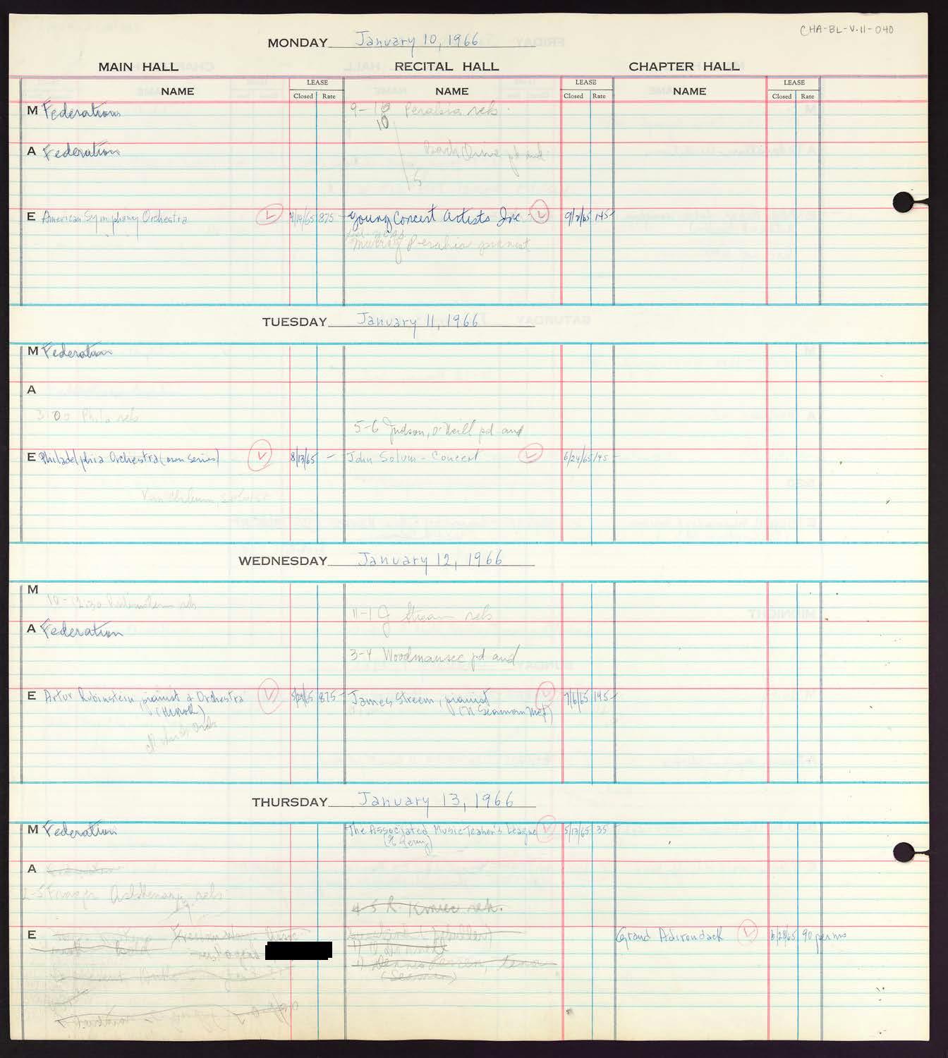 Carnegie Hall Booking Ledger, volume 11, page 40