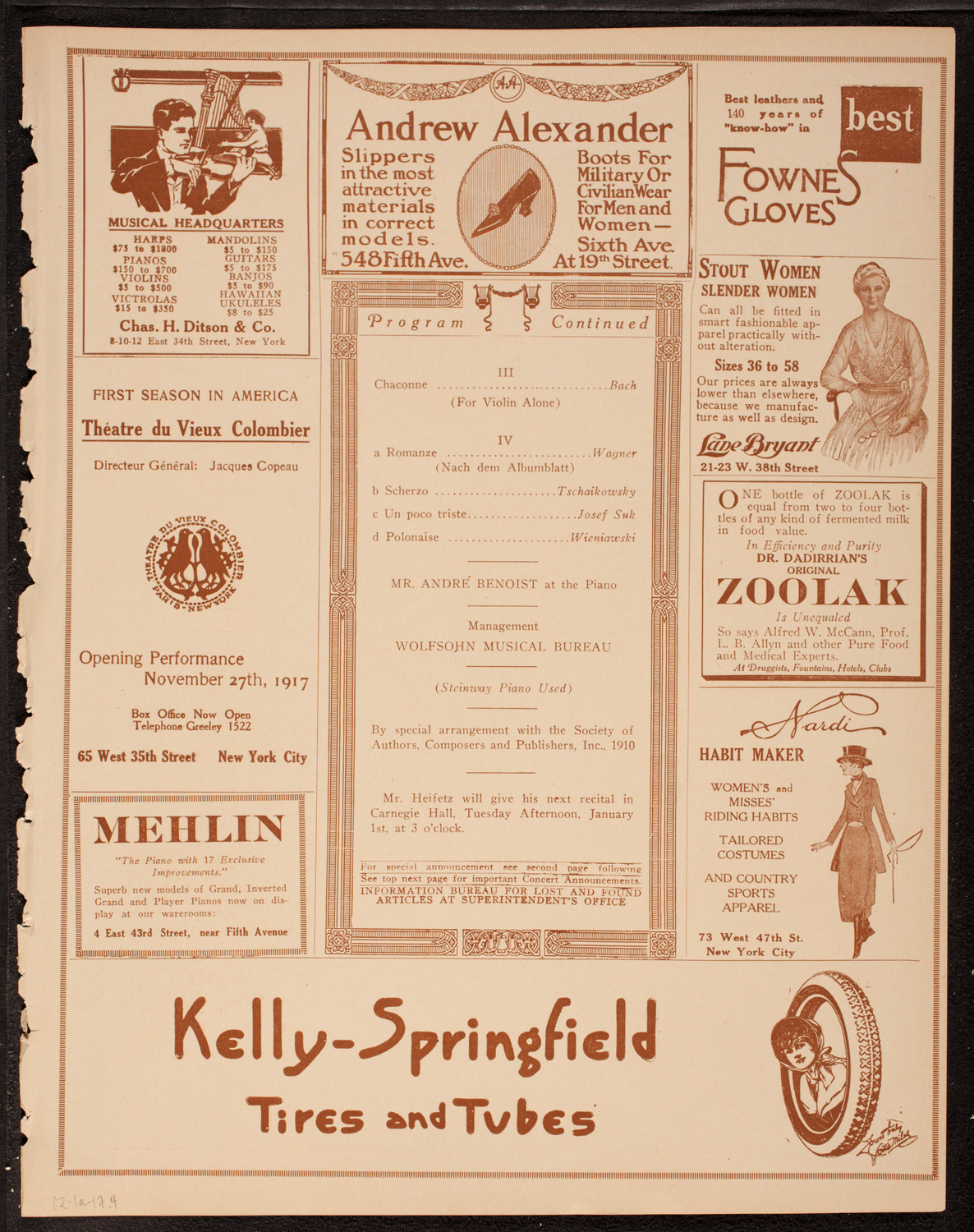 Jascha Heifetz, Violin, December 1, 1917, program page 7