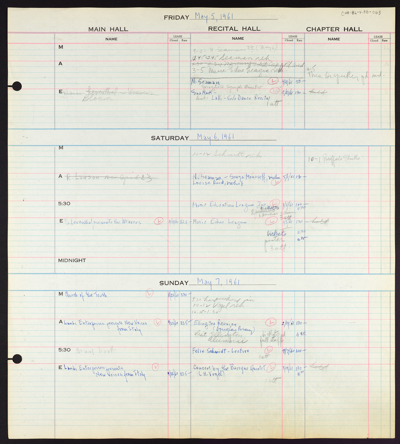 Carnegie Hall Booking Ledger, volume 6, page 63