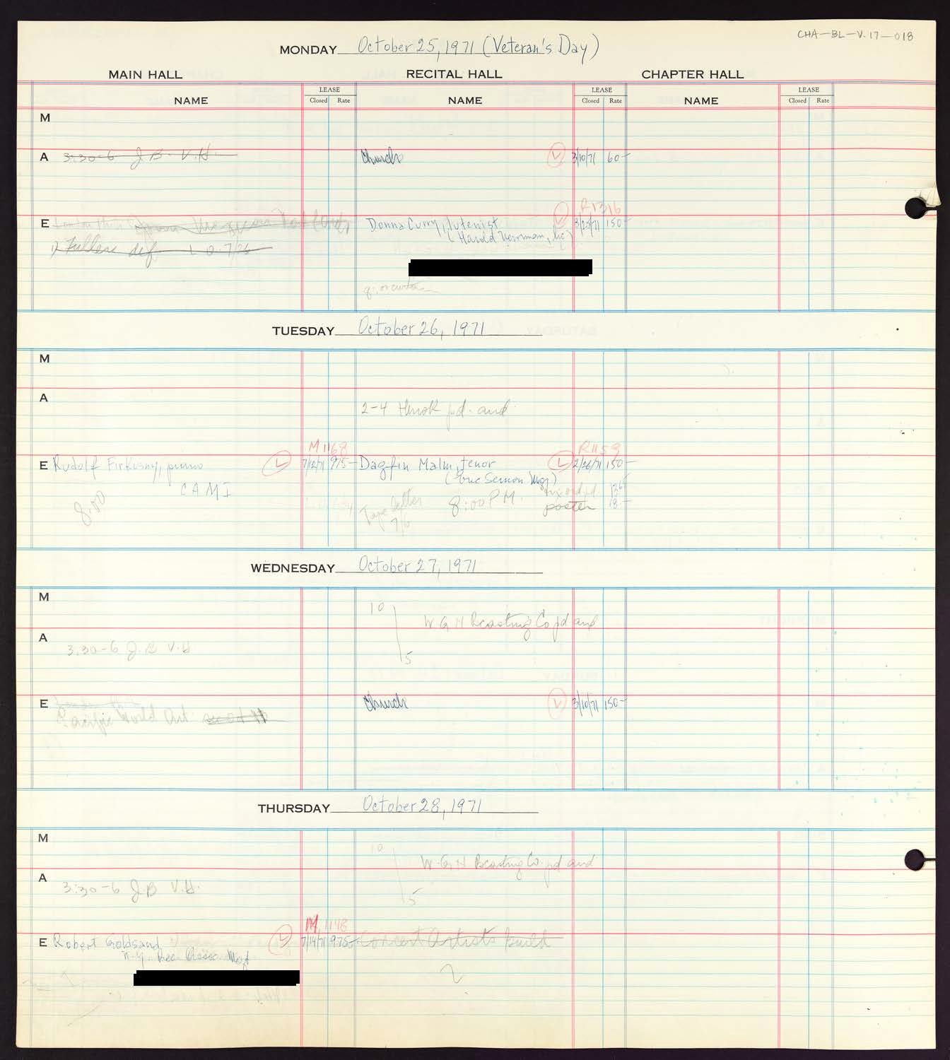 Carnegie Hall Booking Ledger, volume 17, page 18