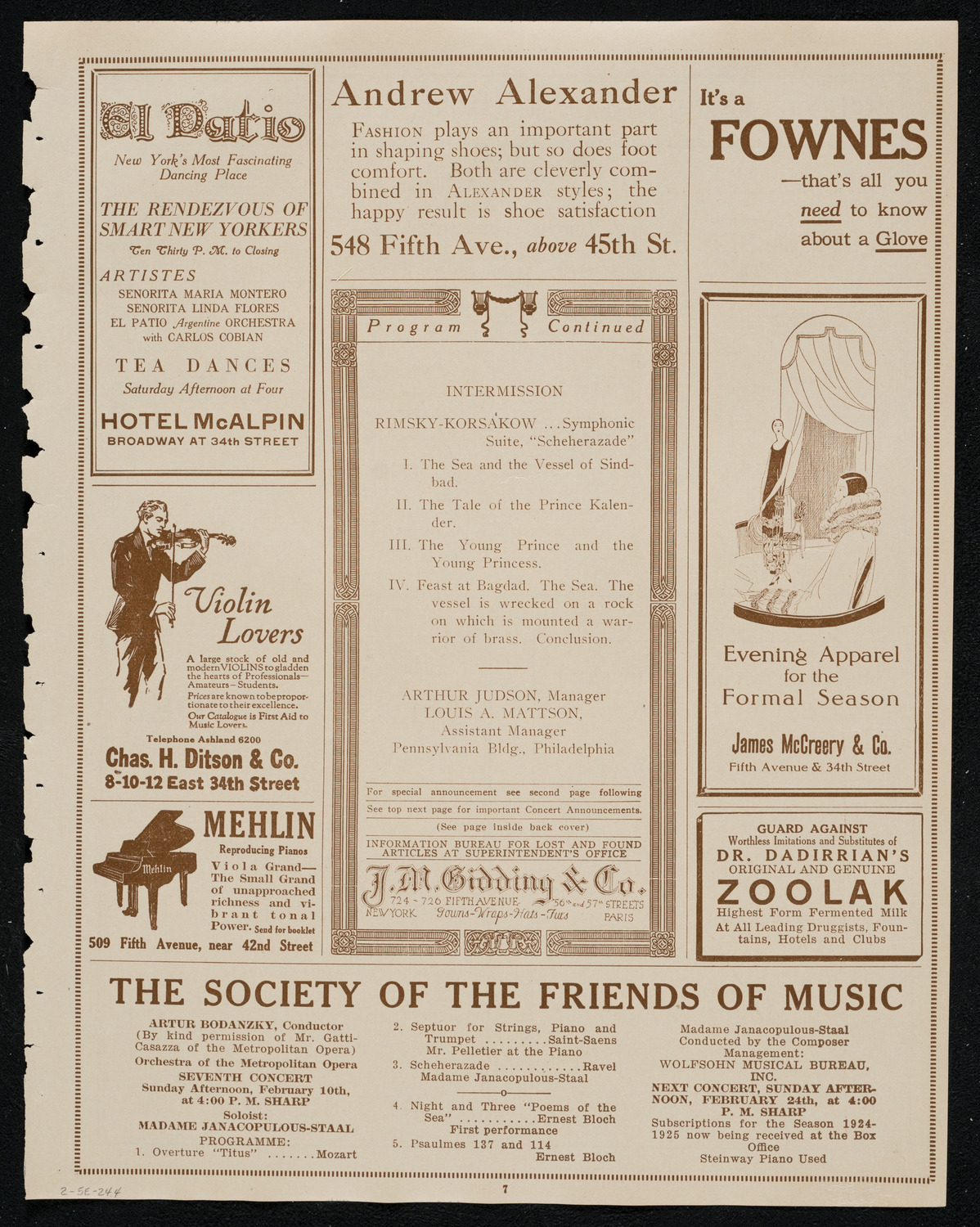 Philadelphia Orchestra, February 5, 1924, program page 7