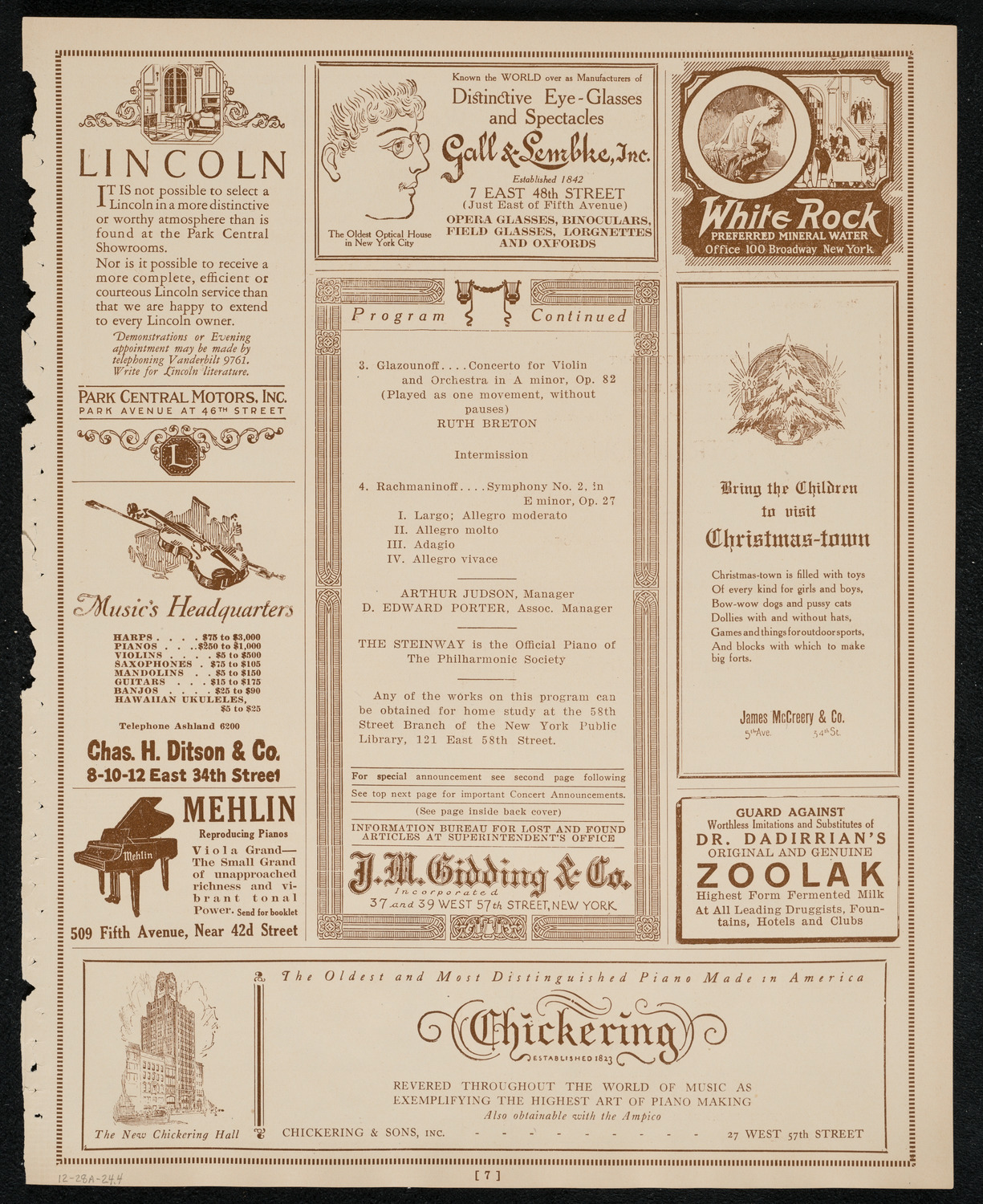 New York Philharmonic, December 28, 1924, program page 7