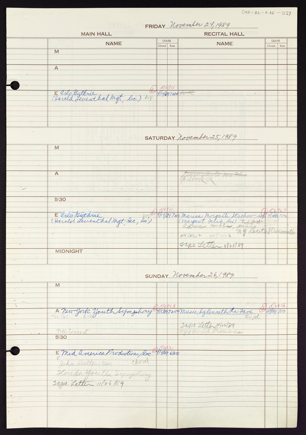 Carnegie Hall Booking Ledger, volume 35, page 27