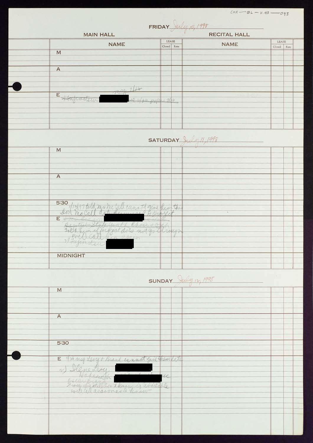 Carnegie Hall Booking Ledger, volume 43, page 93