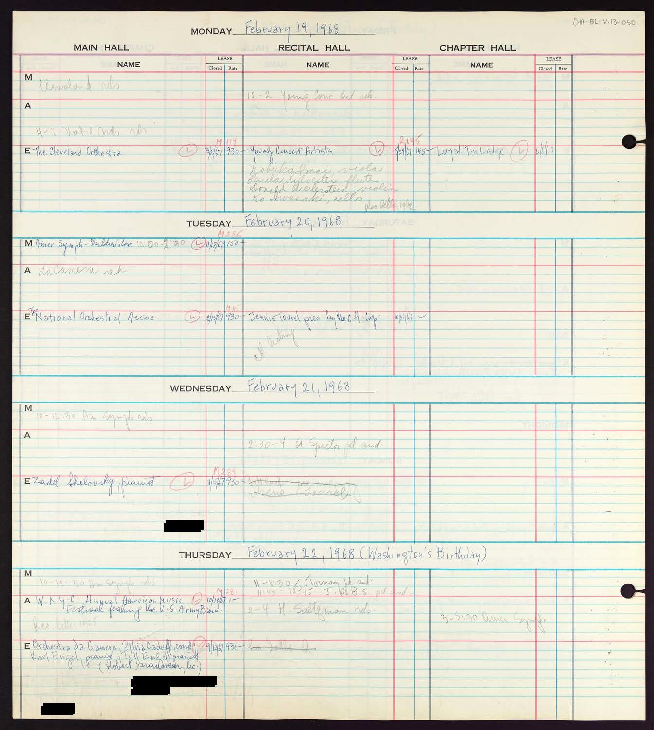 Carnegie Hall Booking Ledger, volume 13, page 50